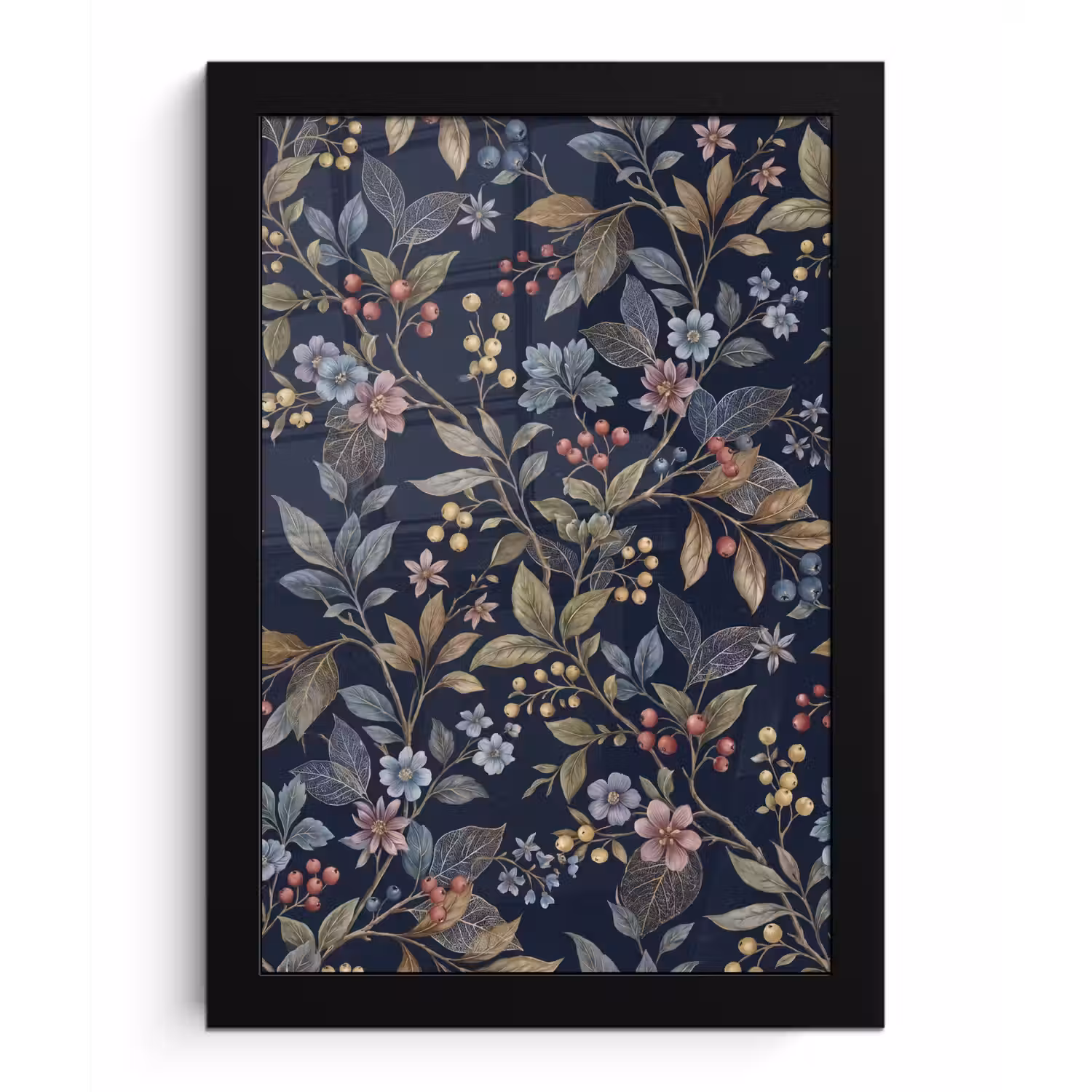 Bloemen - Bladeren - Patroon - Botanisch - Donkerblauw fotolijst zwart zonder passe partout klein -3d