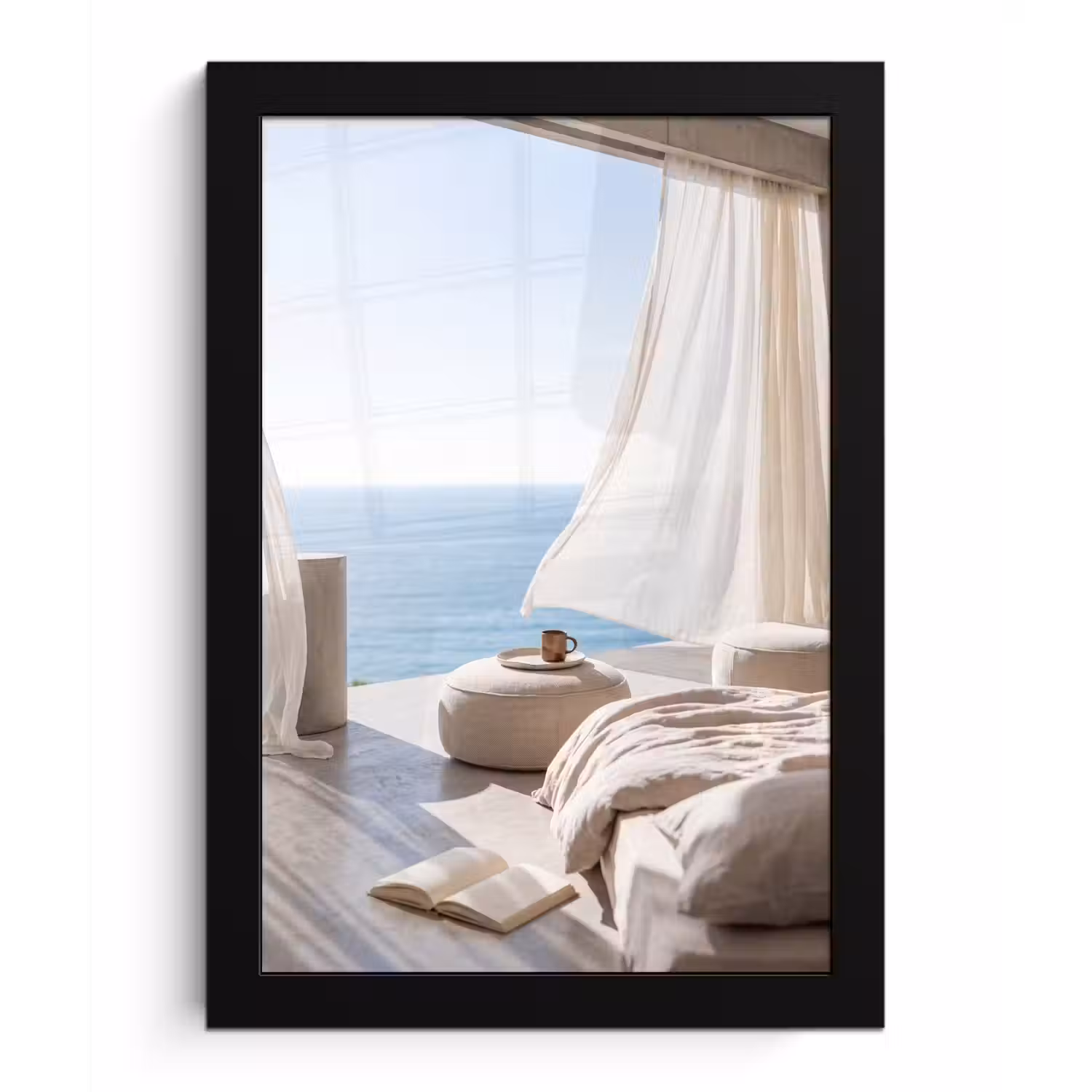 Interieur - Zeezicht - Modern - Rust - Beige fotolijst zwart zonder passe partout klein -3d