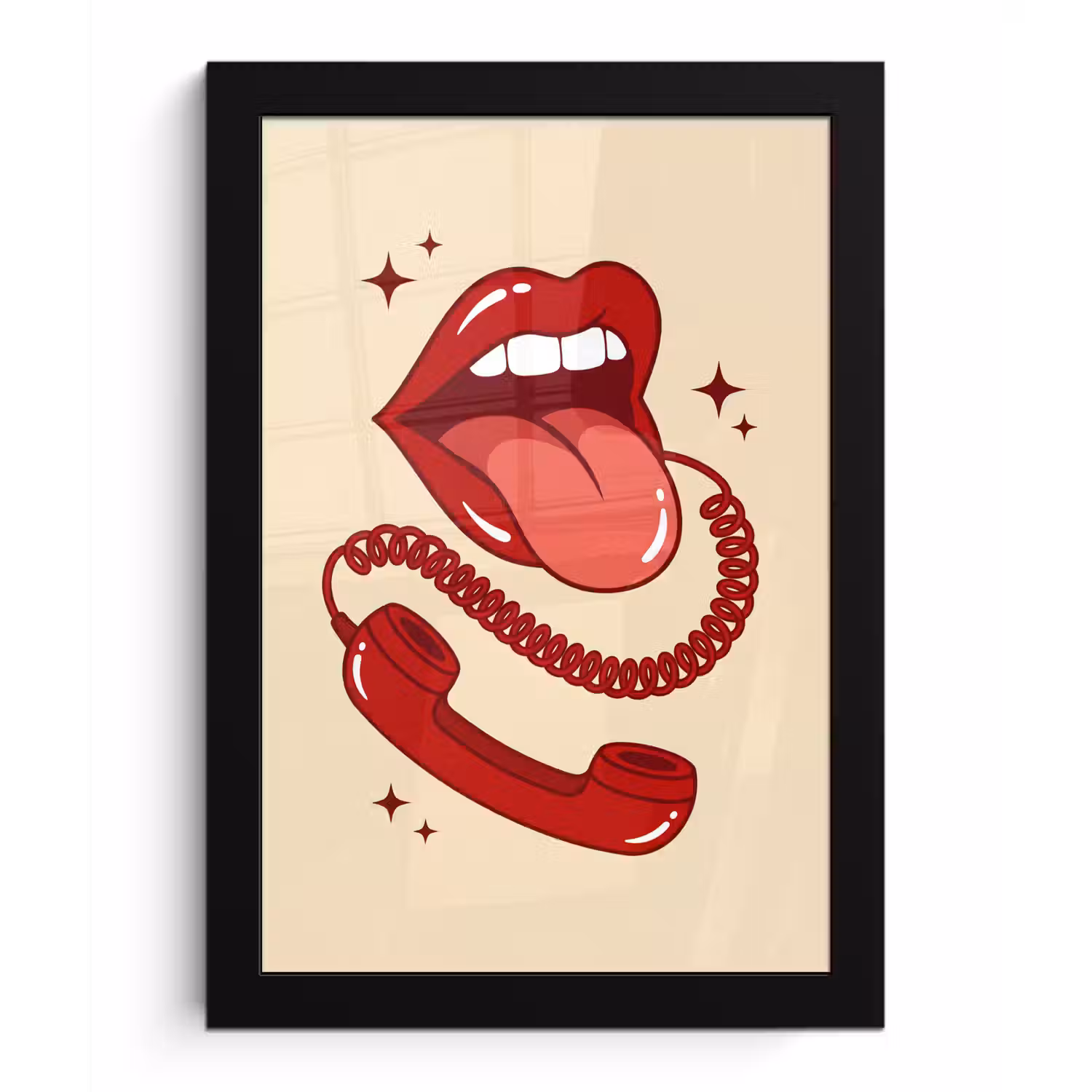 Mond - Telefoon - Popart - Rood - Illustratie fotolijst zwart zonder passe partout klein -3d