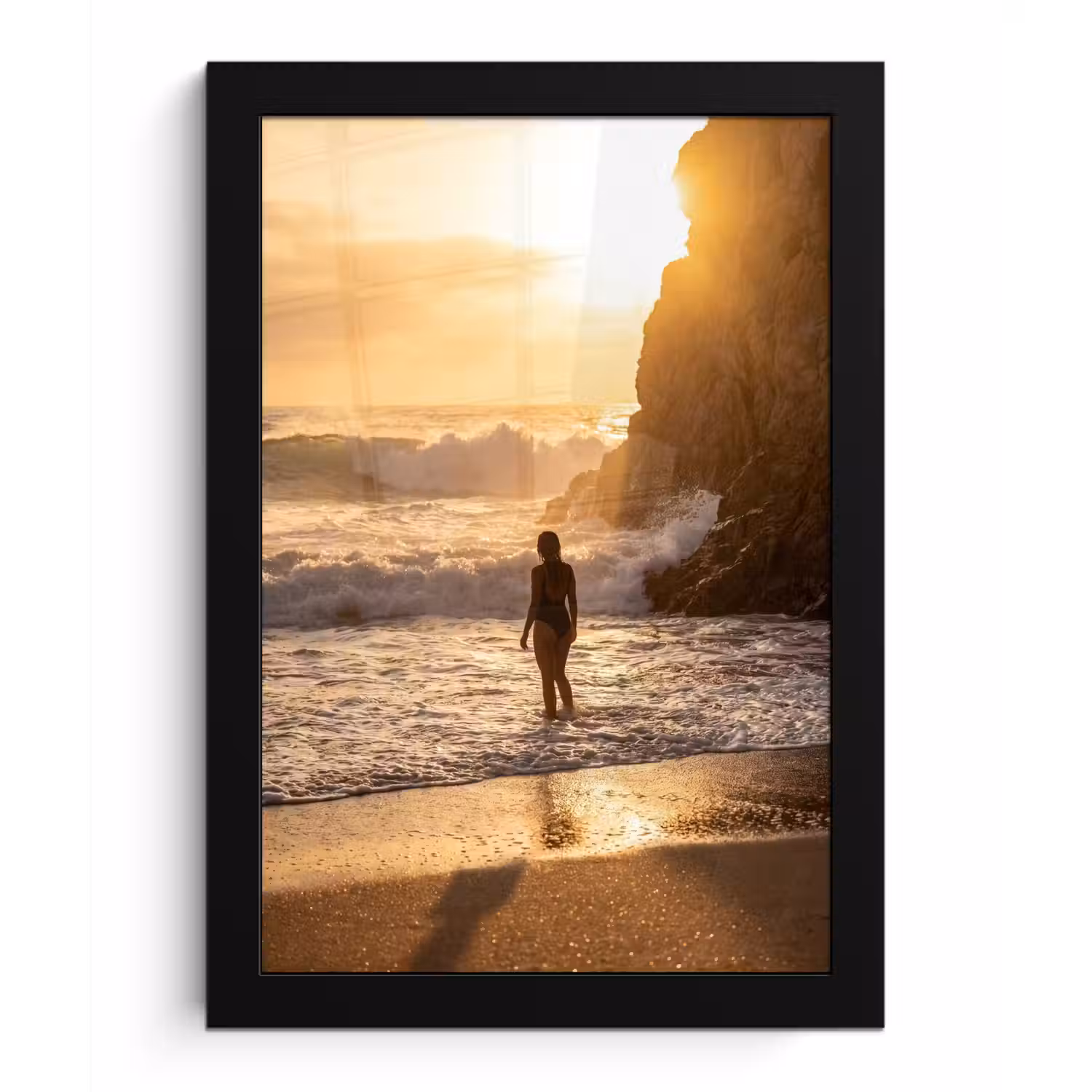 Mensen - Oceaan - Zonsondergang - Kust - Goud fotolijst zwart zonder passe partout klein -3d