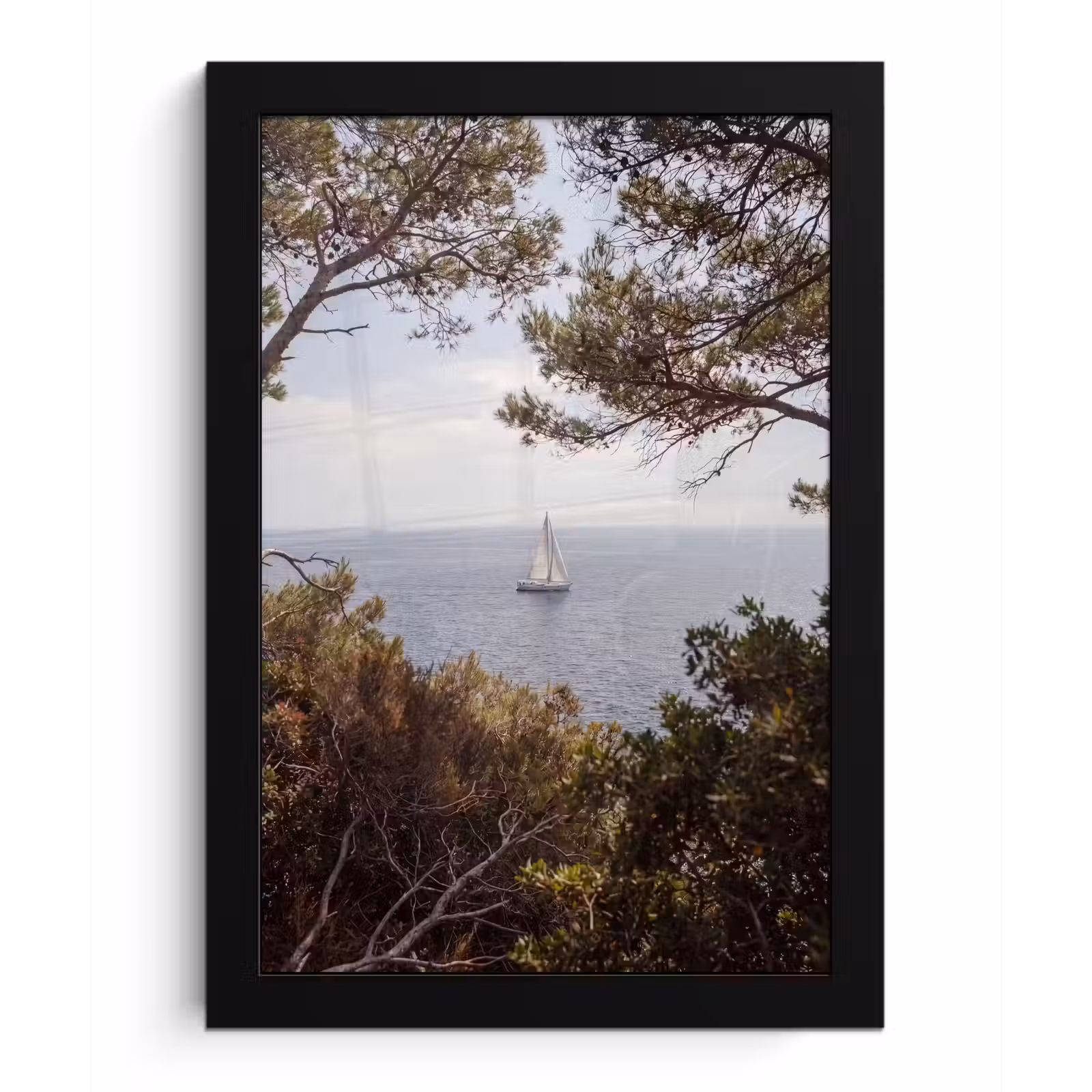 Framed Prints - Sailboat - trees - water - Zeilboot - bomen - water fotolijst zwart zonder passe partout klein