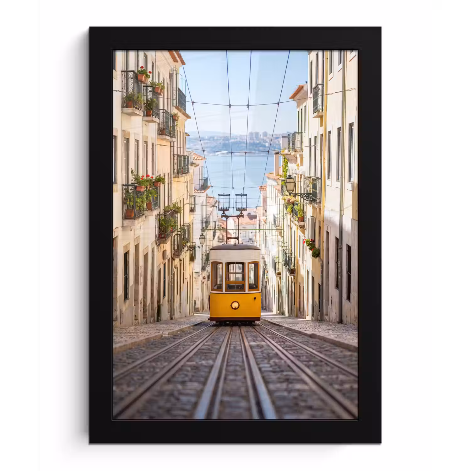 Tram - Straat - Stad - Architectuur - Geel fotolijst zwart zonder passe partout klein -3d