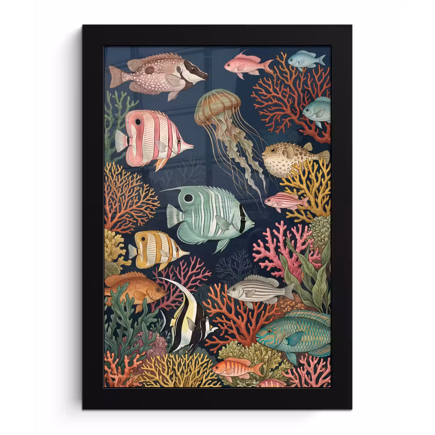 Onderwaterwereld - Vissen - Koraal - Illustratie - Kleurrijk fotolijst zwart zonder passe partout klein -3d