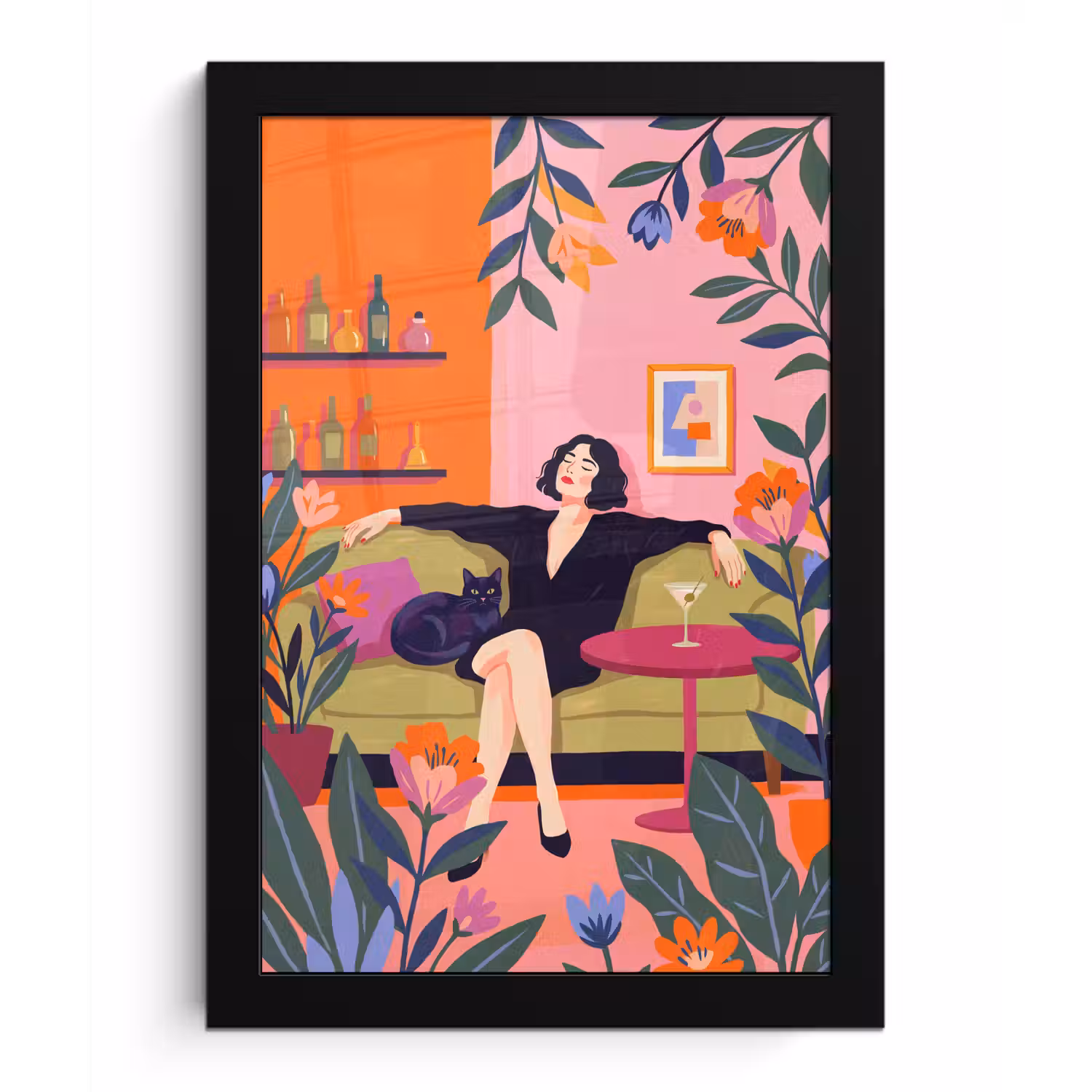 Vrouw - Kat - Interieur - Modern - Kleurrijk fotolijst zwart zonder passe partout klein -3d