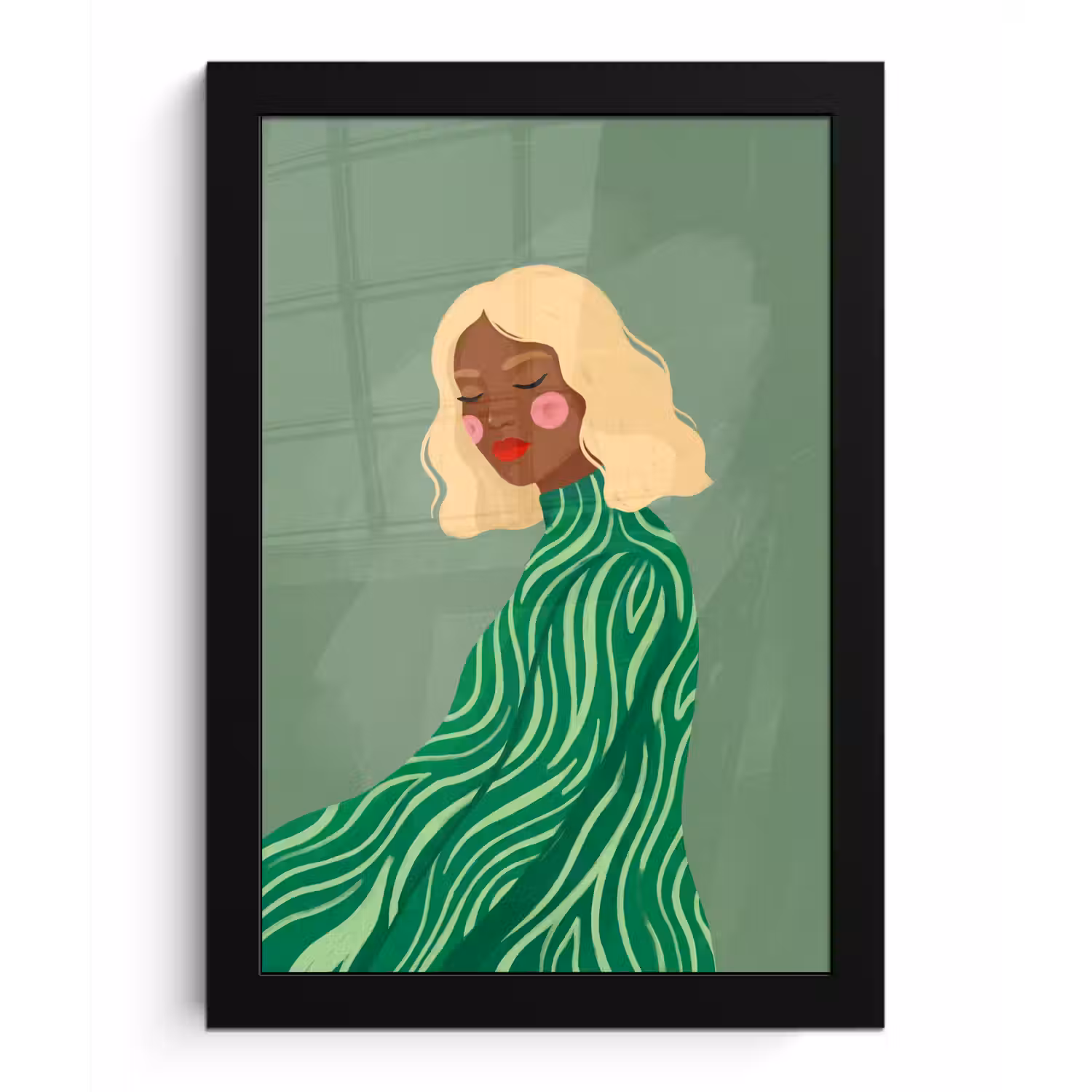 Vrouw - Portret - Illustratie - Modern - Groen fotolijst zwart zonder passe partout klein -3d