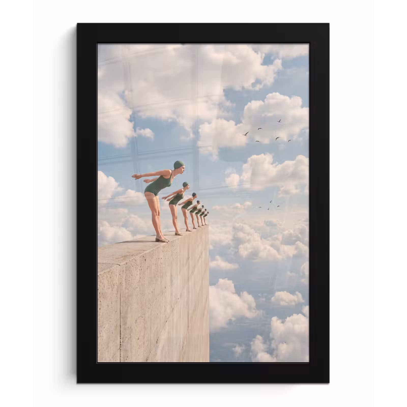 Framed Prints - Women - Diving Pose - Clouds - Vrouwen - Duikhouding - Wolken fotolijst zwart zonder passe partout klein