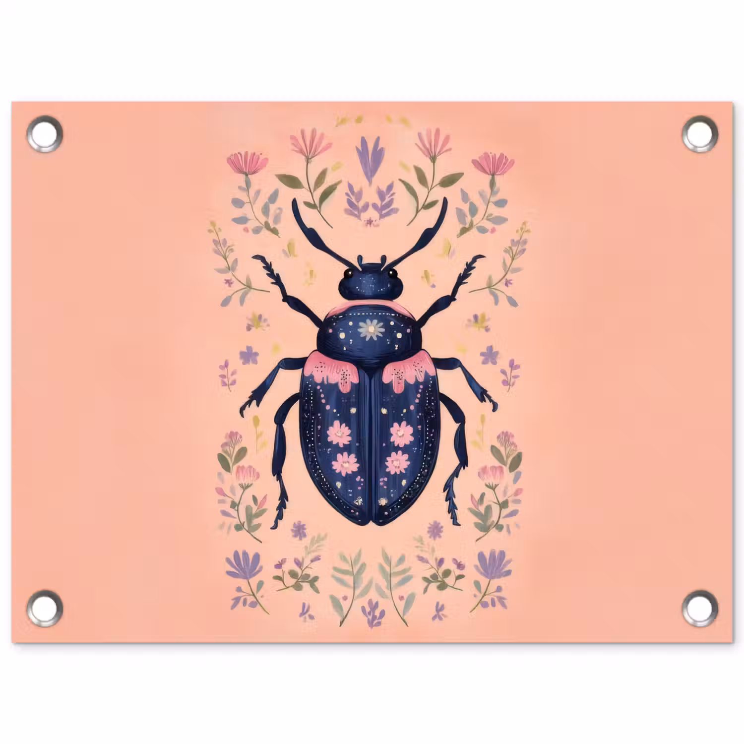 Kever - Donkerblauw - Bloemen - Sierlijk tuinposter los doek klein -3d