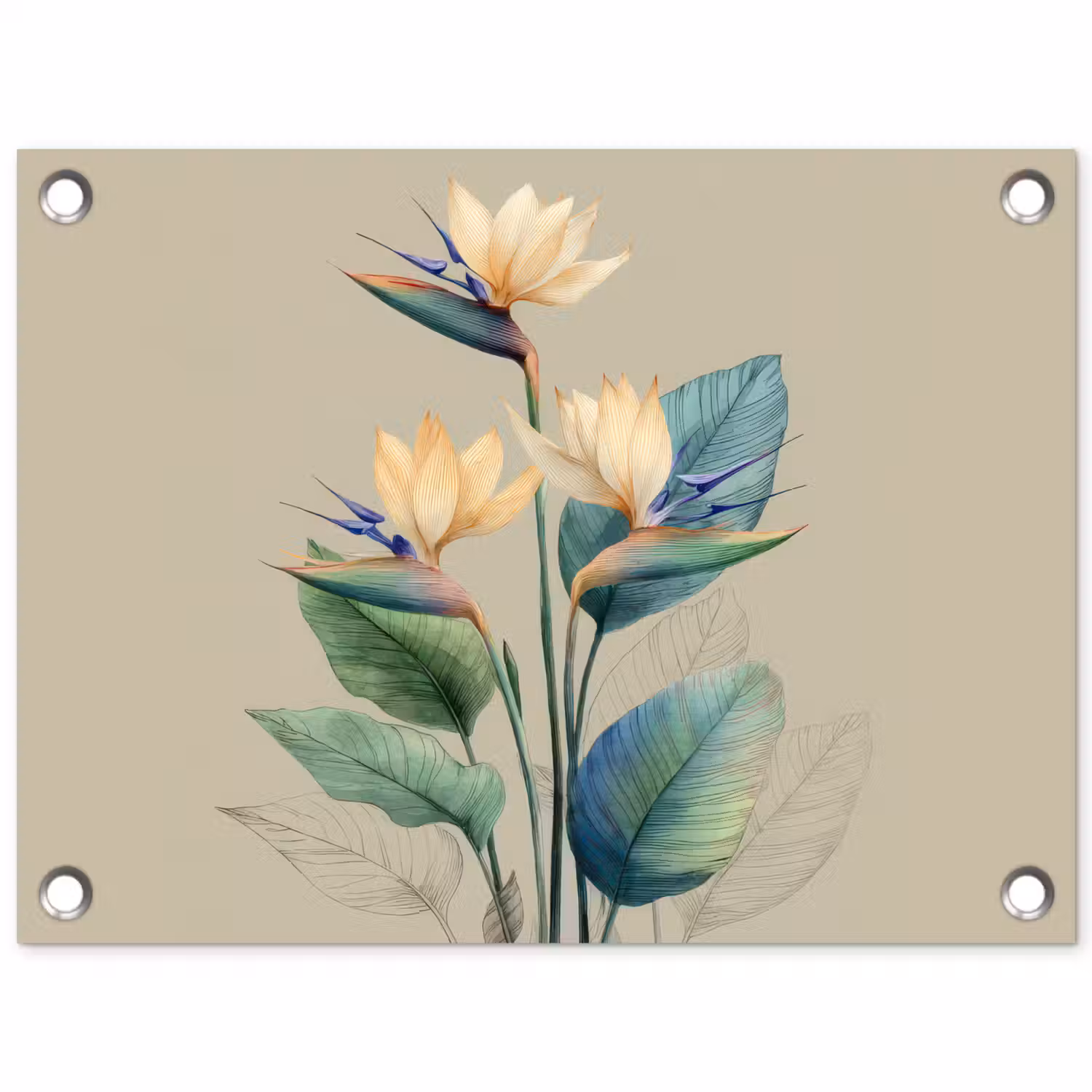 Paradijsvogelbloemen - Blauwgroene bladeren - Beige tuinposter los doek klein -3d
