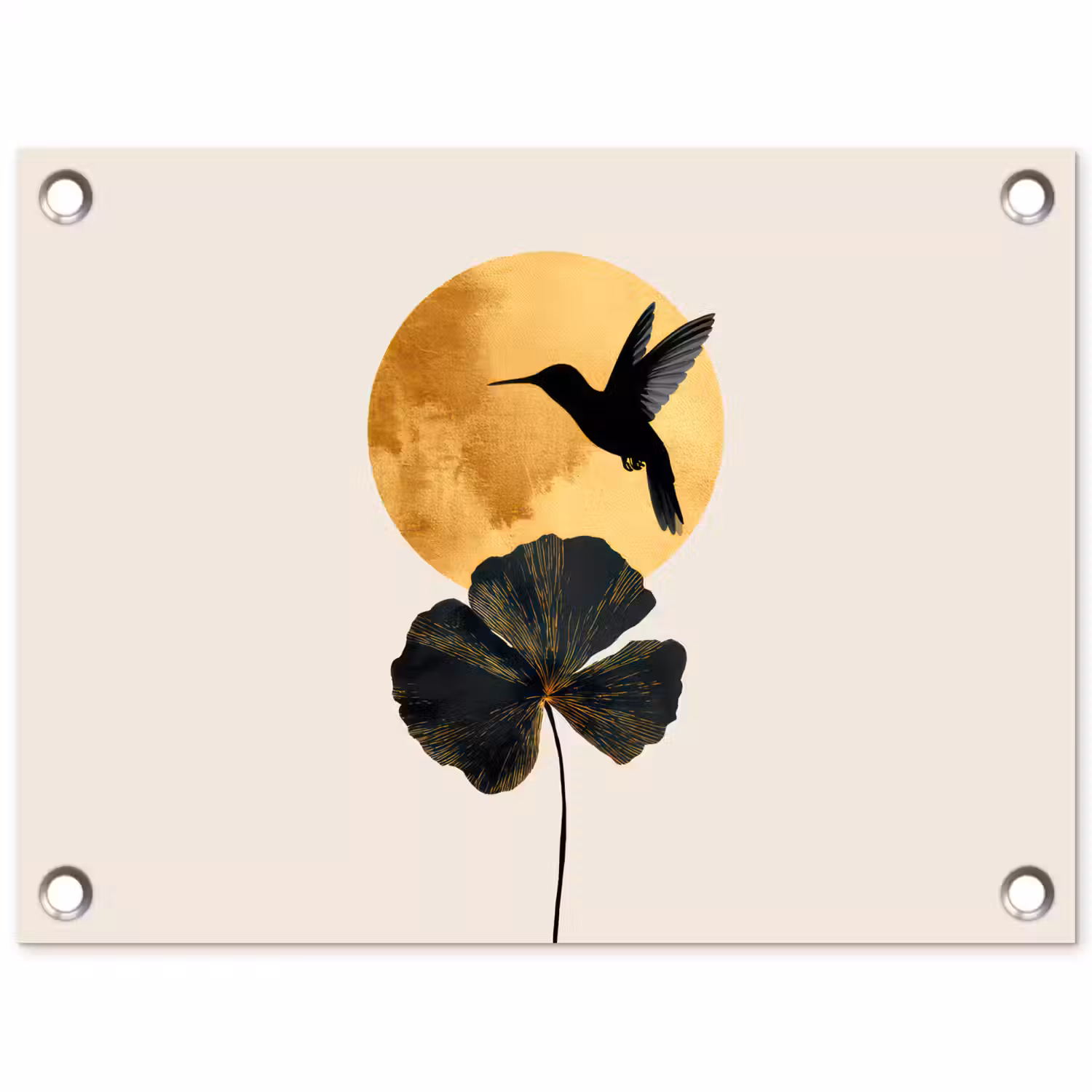 Zwarte kolibrie - Bloem - Gouden cirkel tuinposter los doek klein -3d