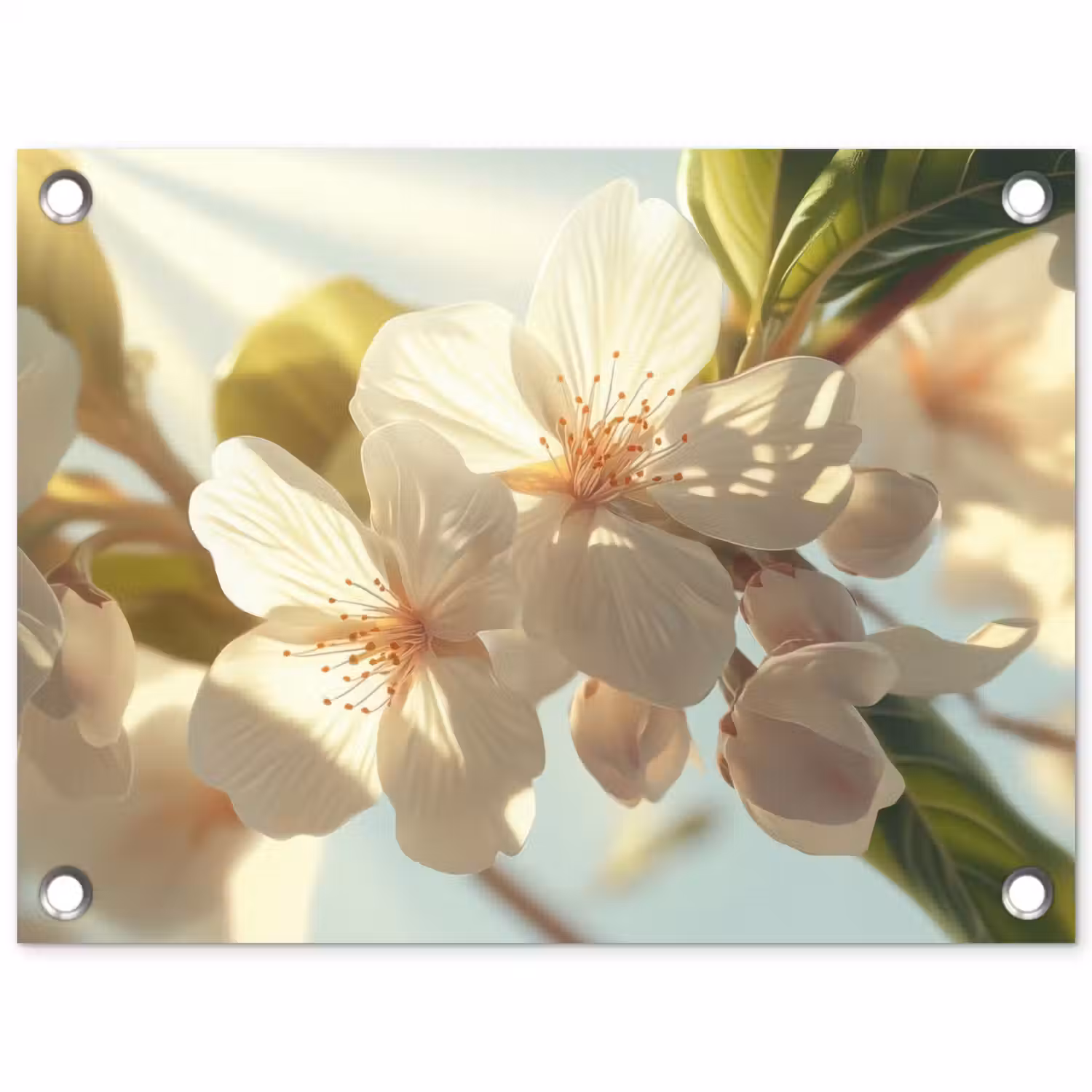Bloesems - Wit - Zonnestralen - Bloemblaadjes tuinposter los doek klein -3d