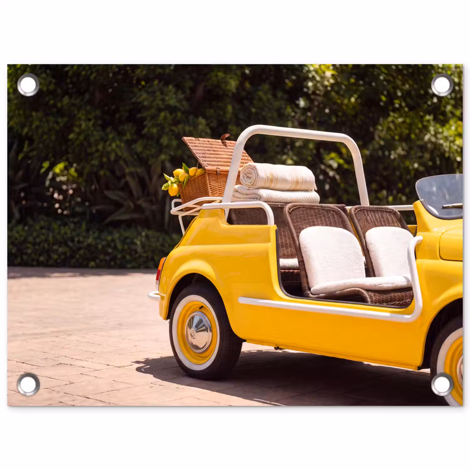 Auto - Picknick - Zomer - Geel tuinposter los doek klein -3d