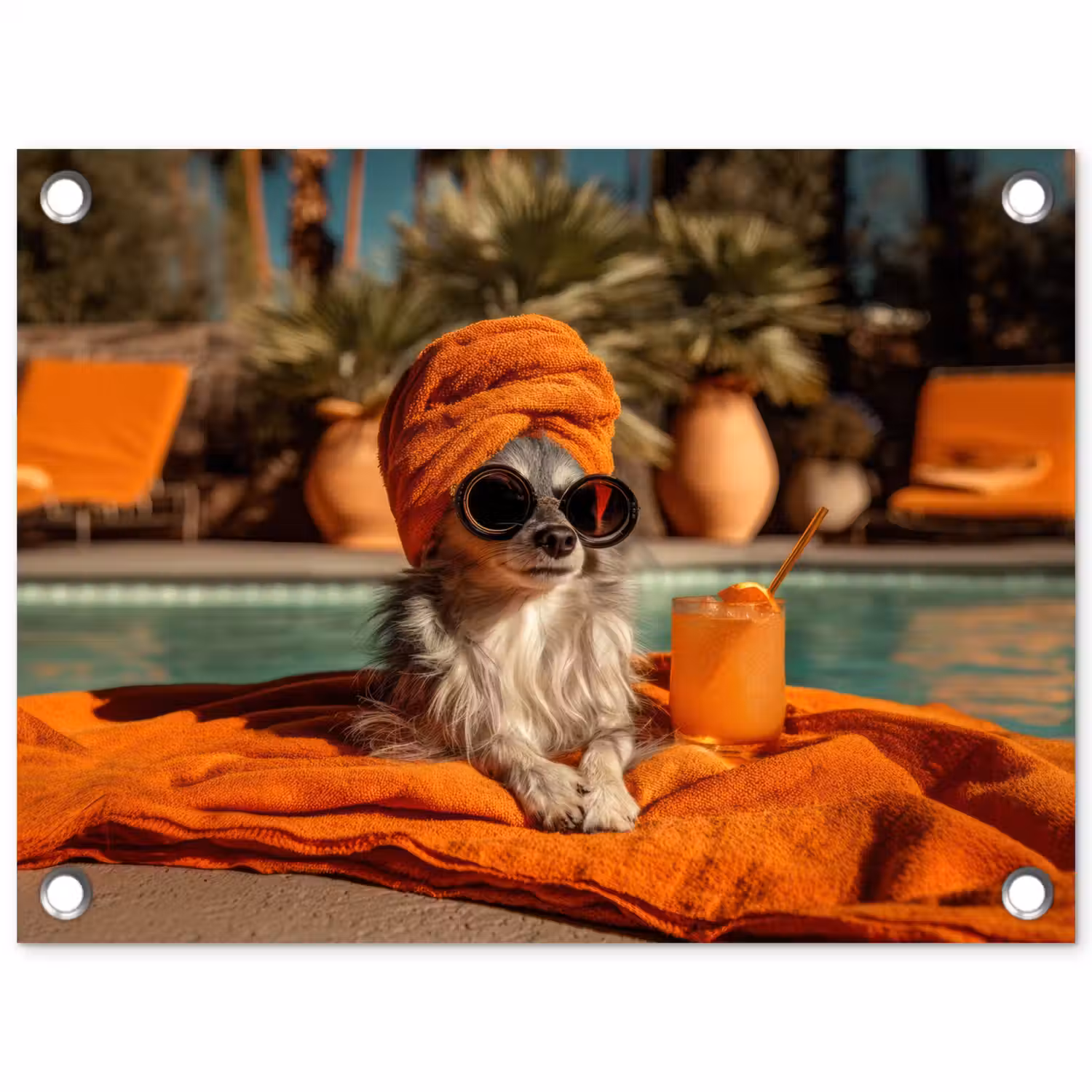 Chihuahua - Handdoek - Zonnebril - Oranje tuinposter los doek klein -3d