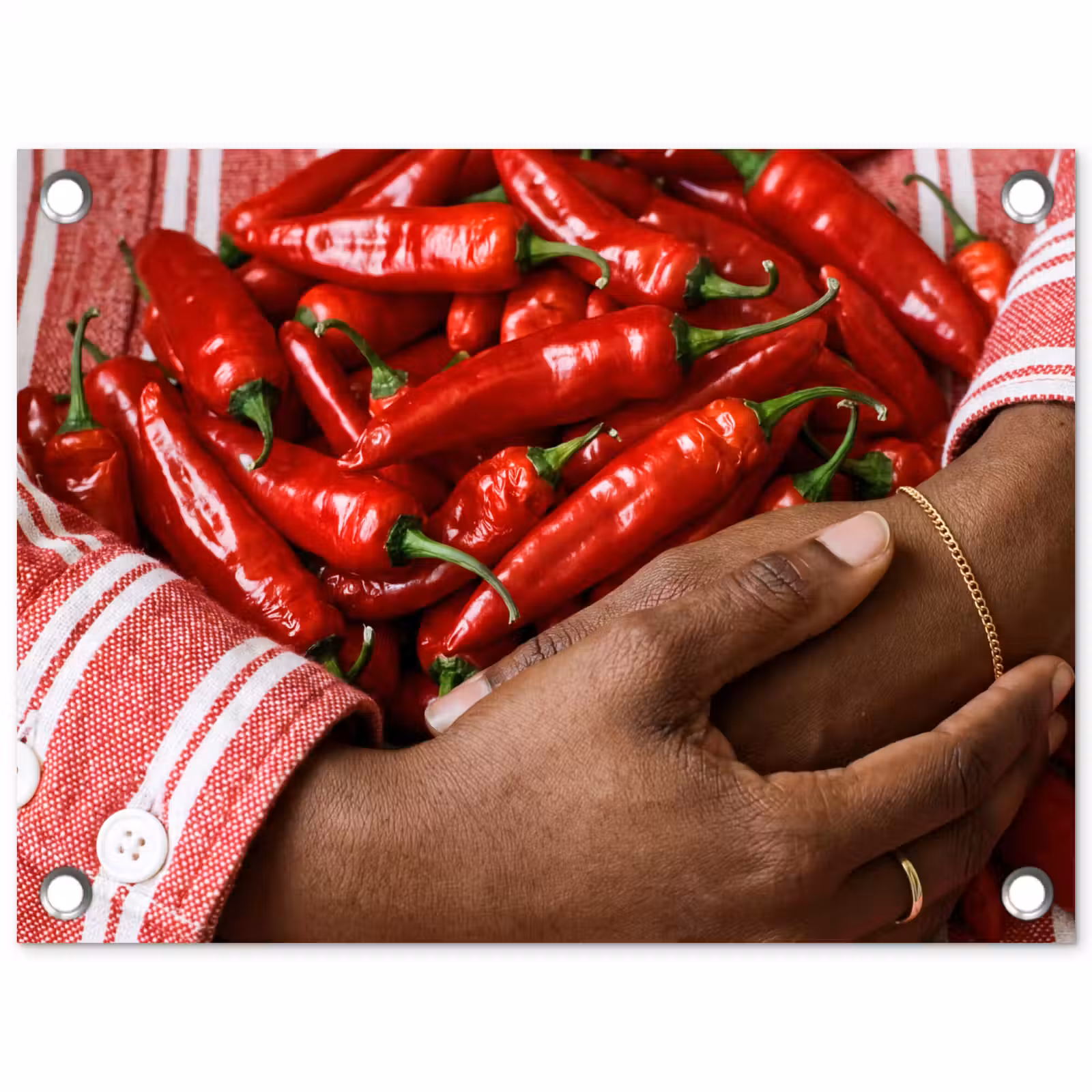Garden Poster - Chili Peppers - Red - Hands - Chilipepers - Rood - Handen tuinposter los doek klein