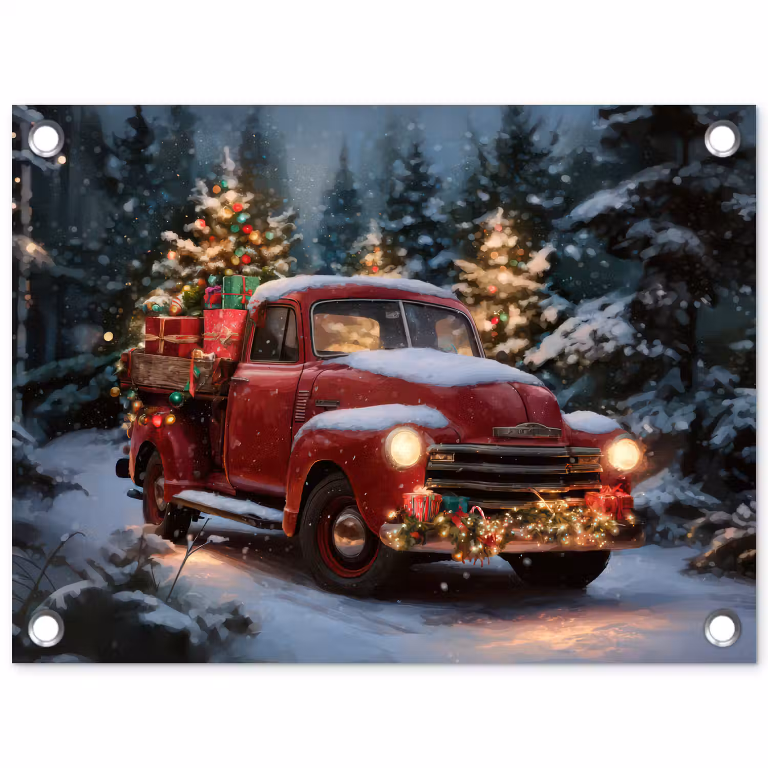 Kersttruck - Sneeuwbos - Rood tuinposter los doek klein -3d