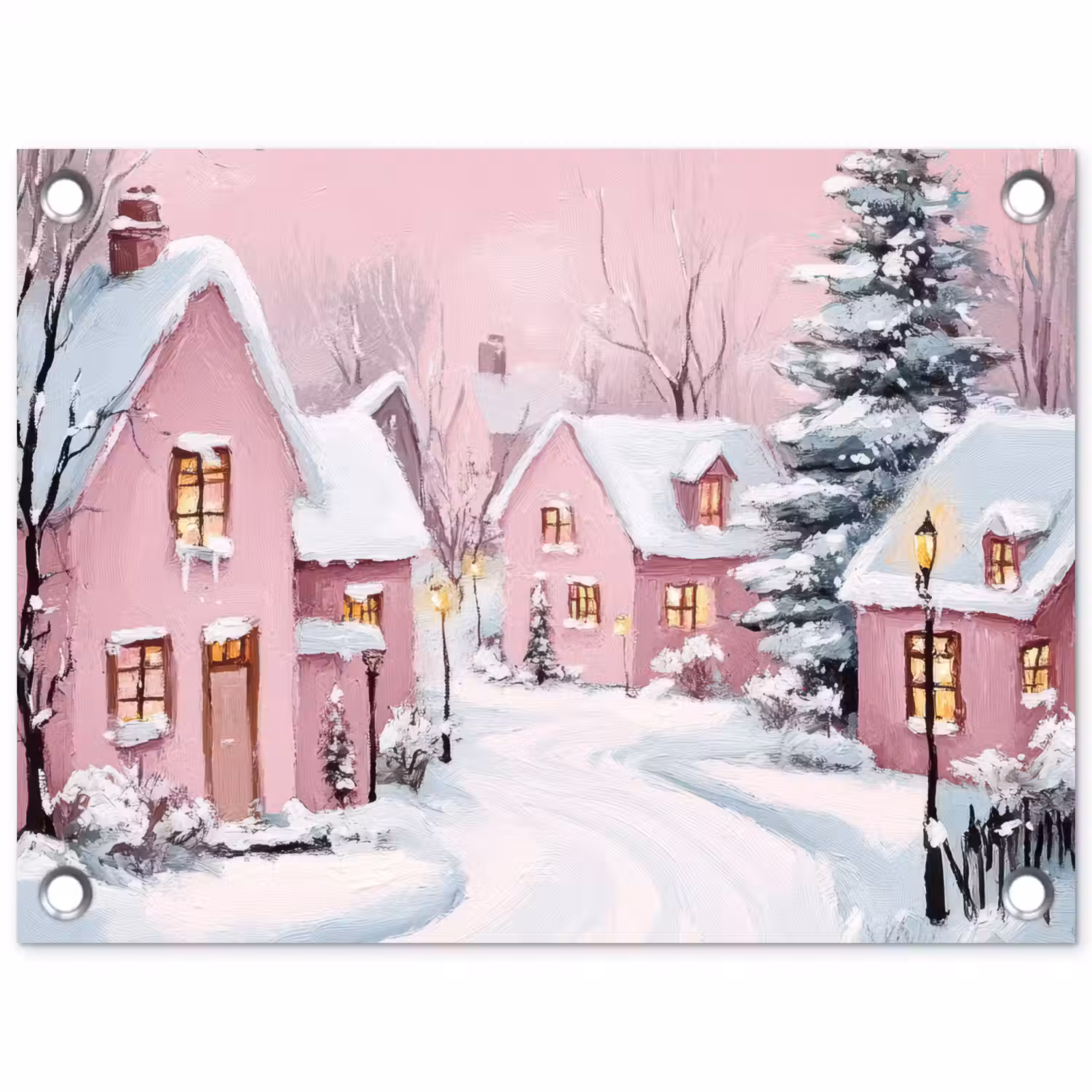 Kerstdorp - Roze - Winter - Sneeuw - Huizen tuinposter los doek klein -3d