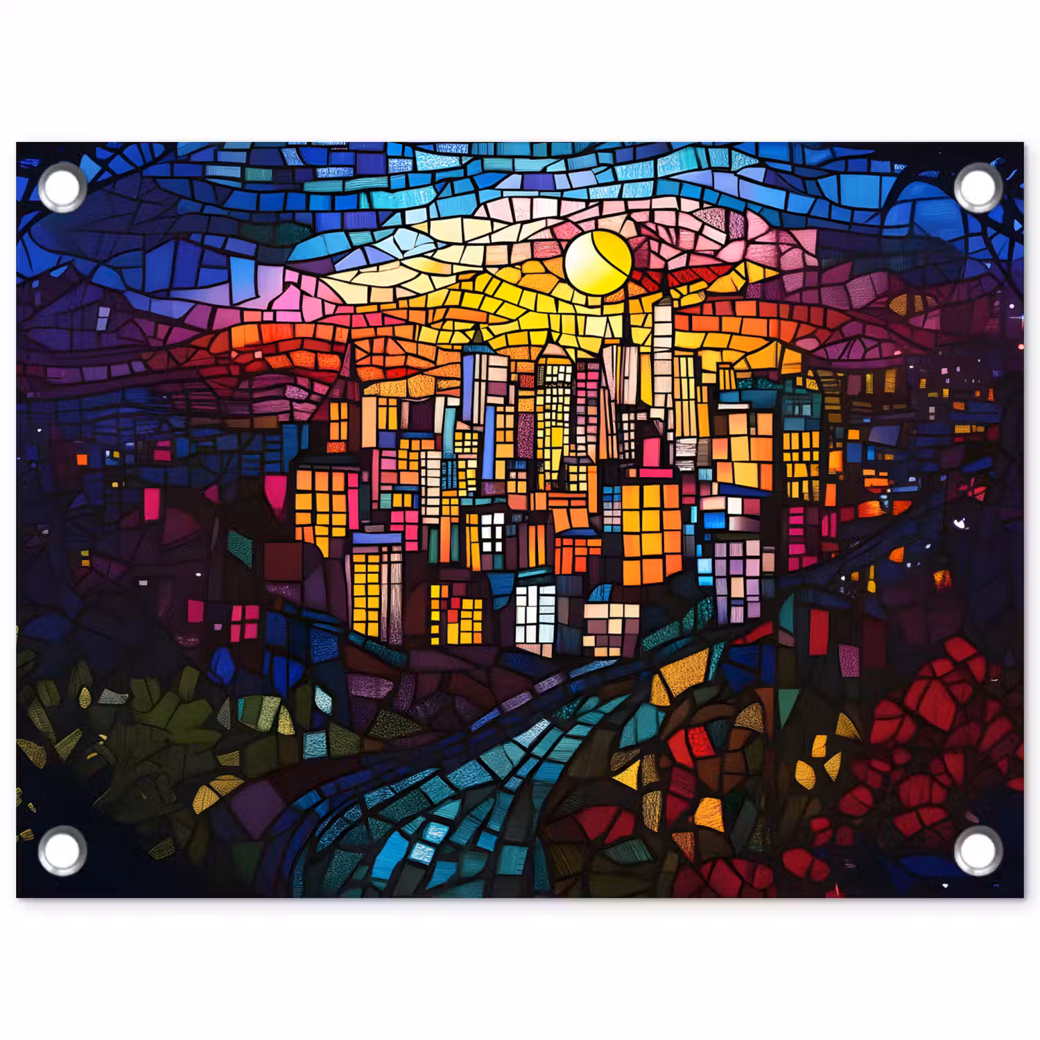 Stad - Maan - Mozaïek - Kleurrijk tuinposter los doek klein -3d