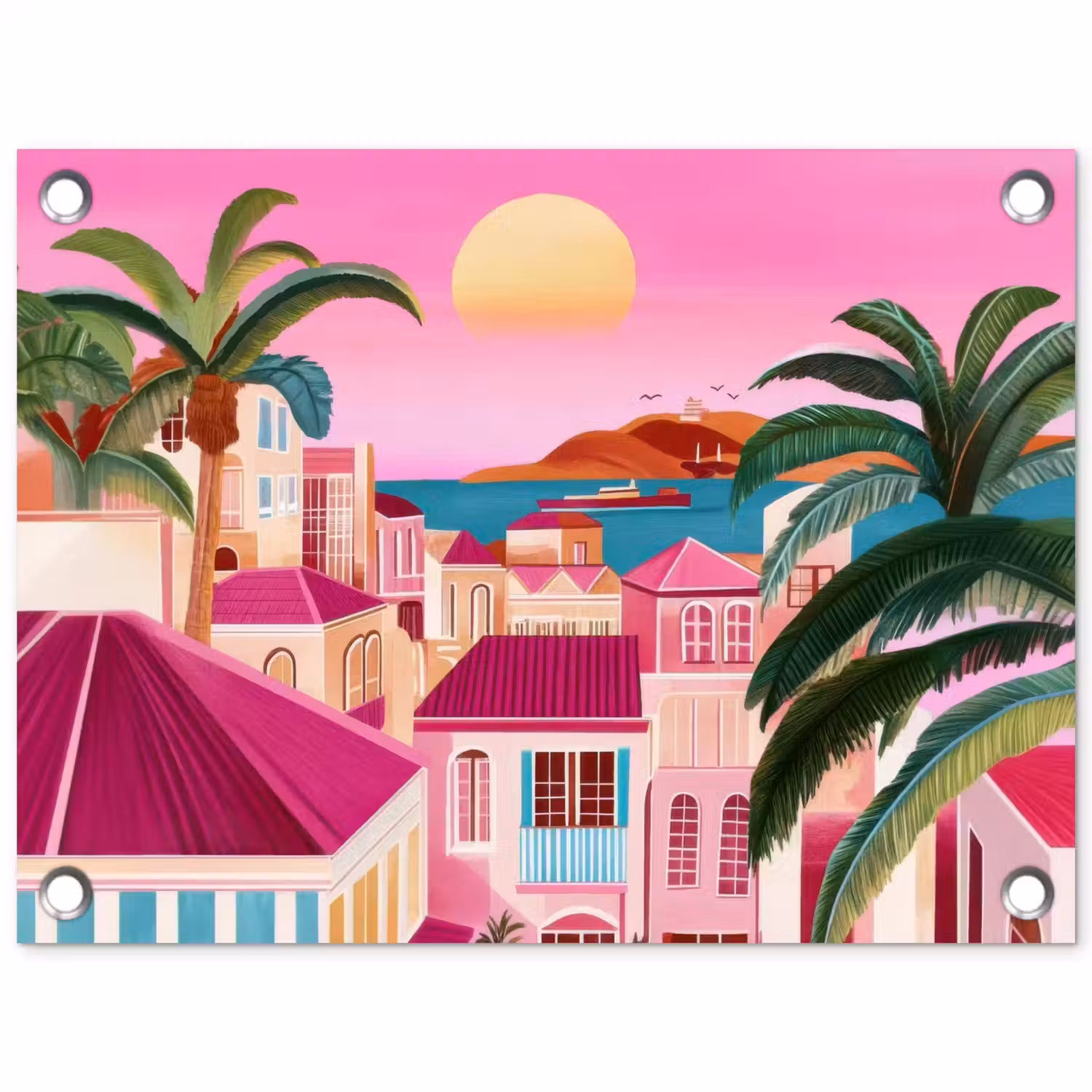 Stad - Roze - Palmbomen tuinposter los doek klein -3d