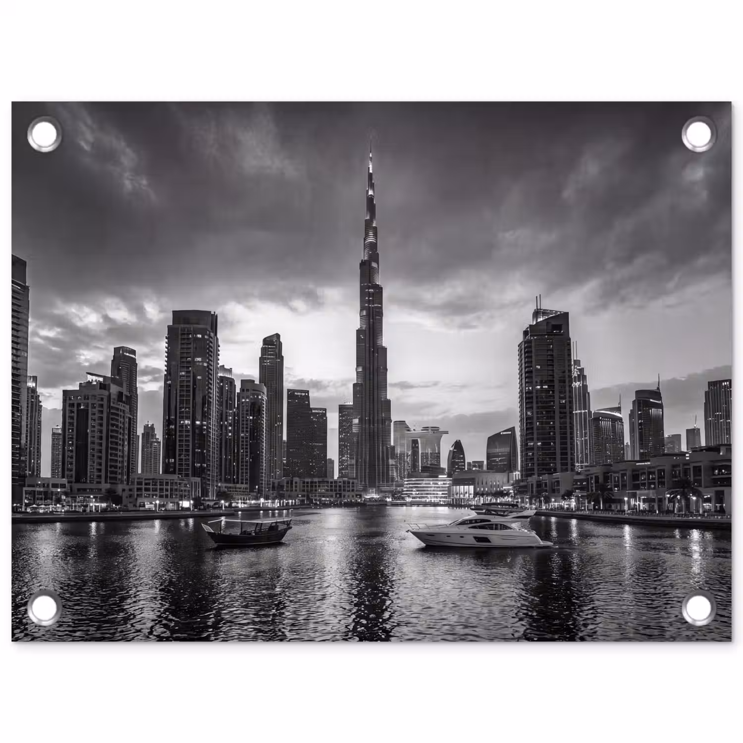 Stad - Skyline - Architectuur - Avond - Zwart-wit tuinposter los doek klein -3d