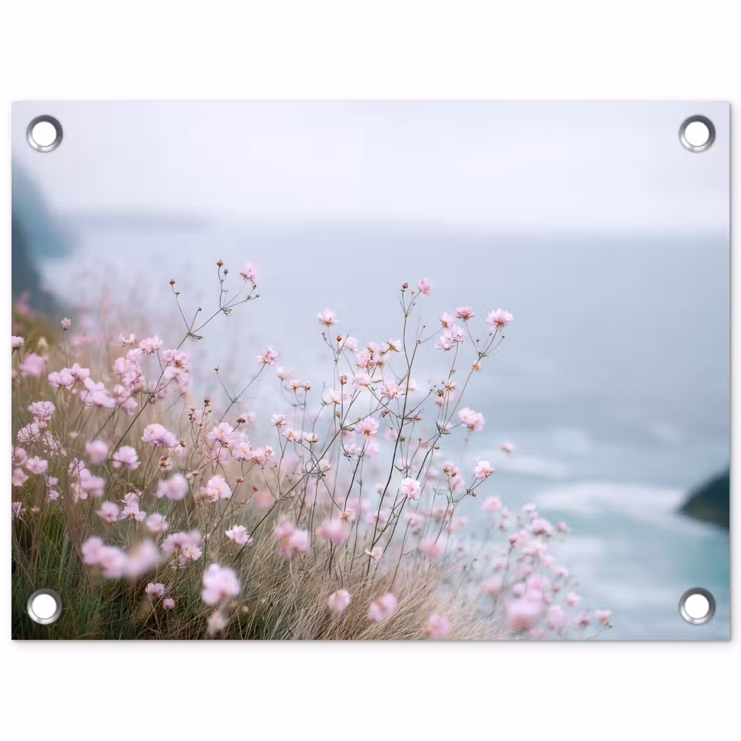 Klif - Bloemen - Zee - Roze tuinposter los doek klein -3d
