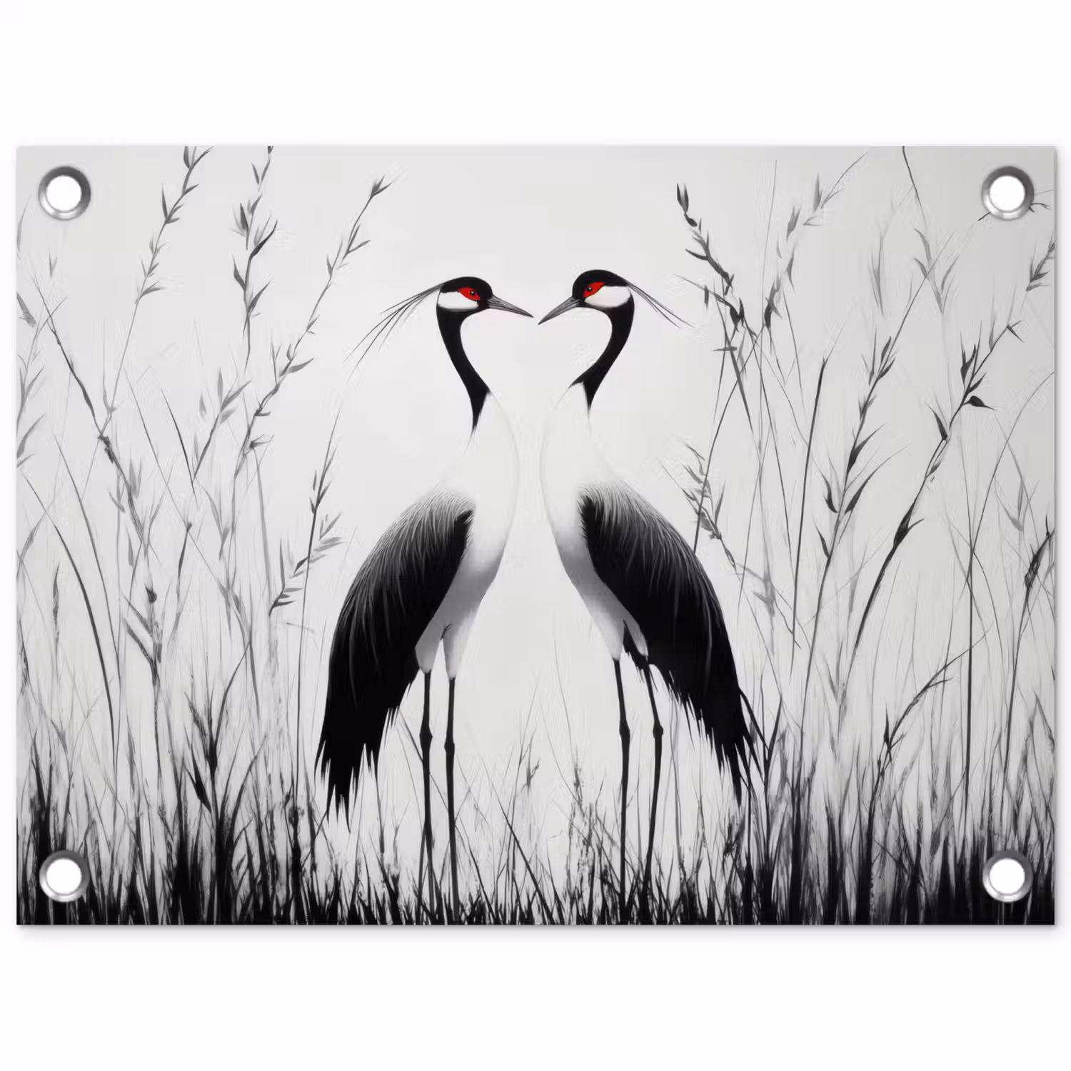 Kraanvogels - Gras - Hartvorm - Zwart tuinposter los doek klein -3d