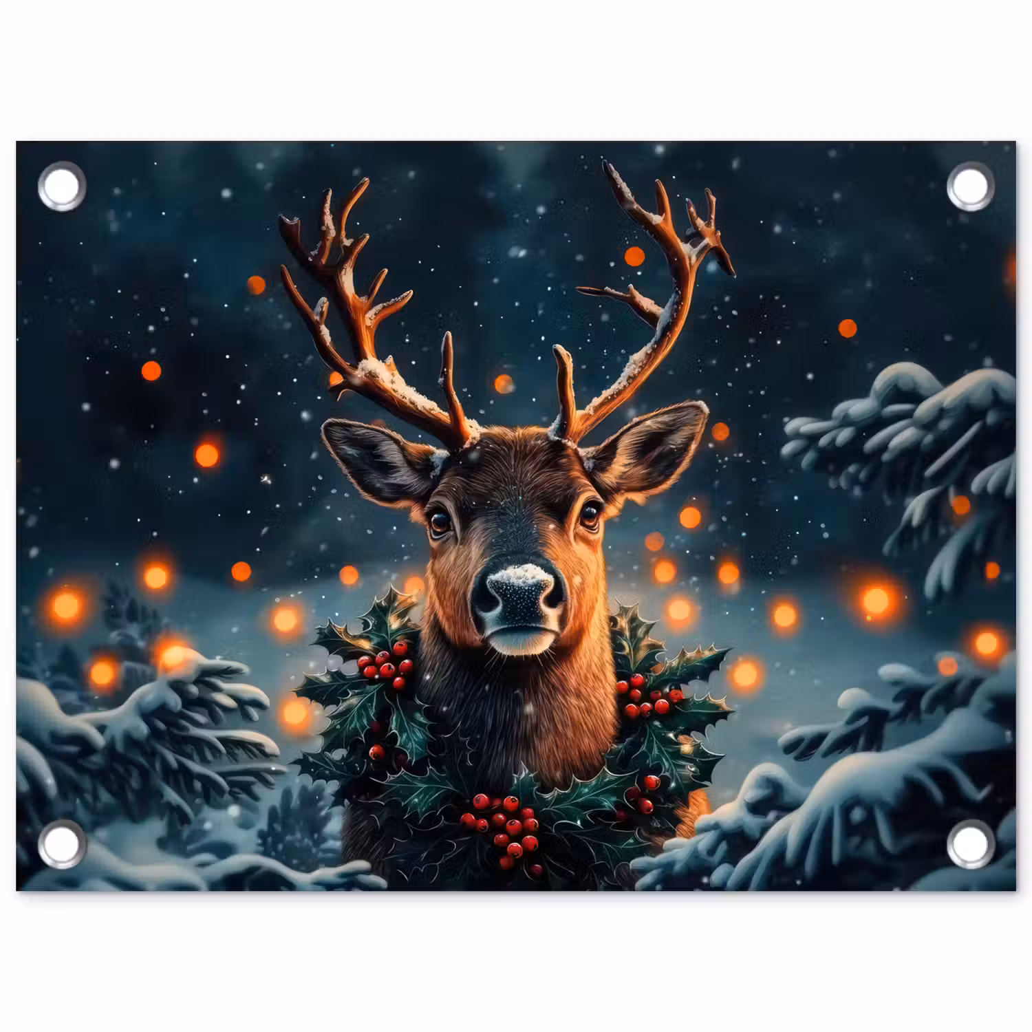 Hert - Kerst - Winter - Sneeuw - Kerstkrans tuinposter los doek klein -3d