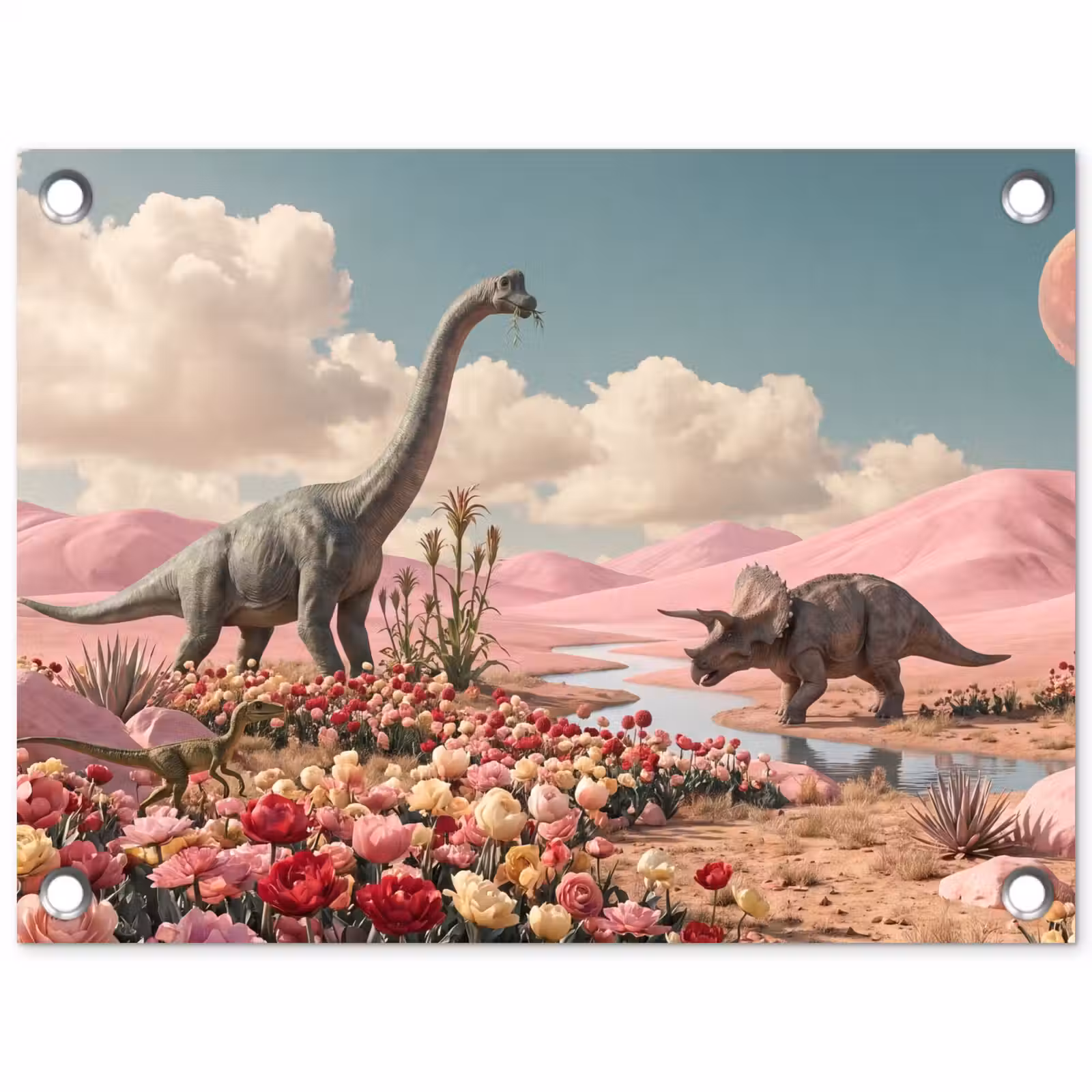 Garden Poster - Dinosaur - Pink - Landscape - Dinosaurus - Roze - Landschap tuinposter los doek klein