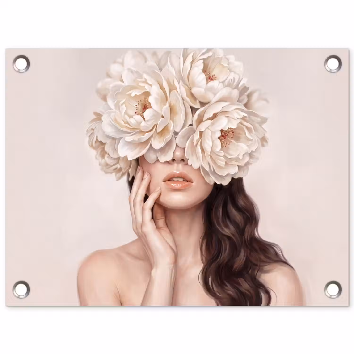 Gezicht - Pioenrozen - Crème tuinposter los doek klein -3d