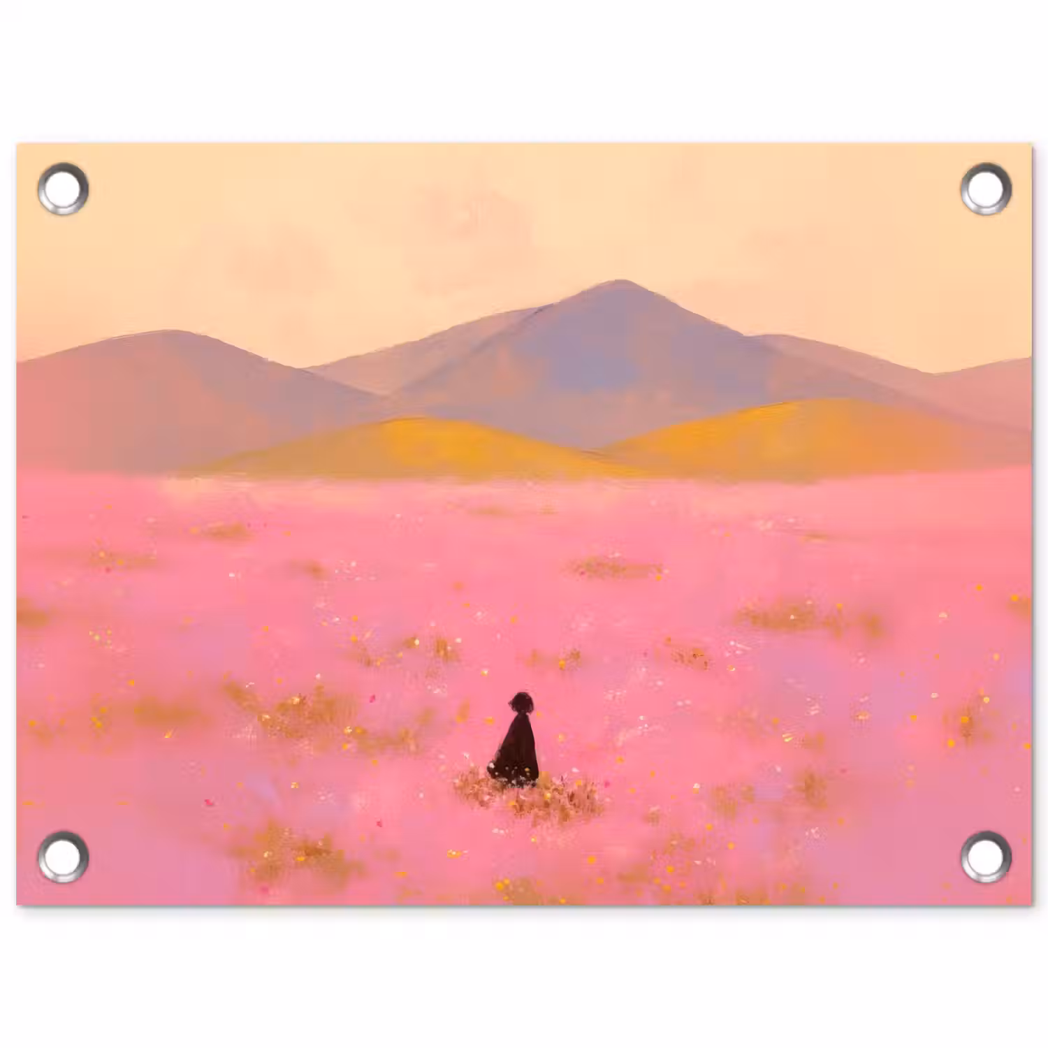 Bloemenweide - Heuvels - Silhouet - Roze tuinposter los doek klein -3d