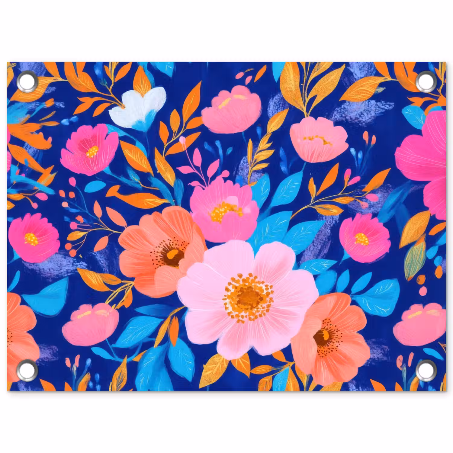 Bloemen - Blauw - Roze tuinposter los doek klein -3d