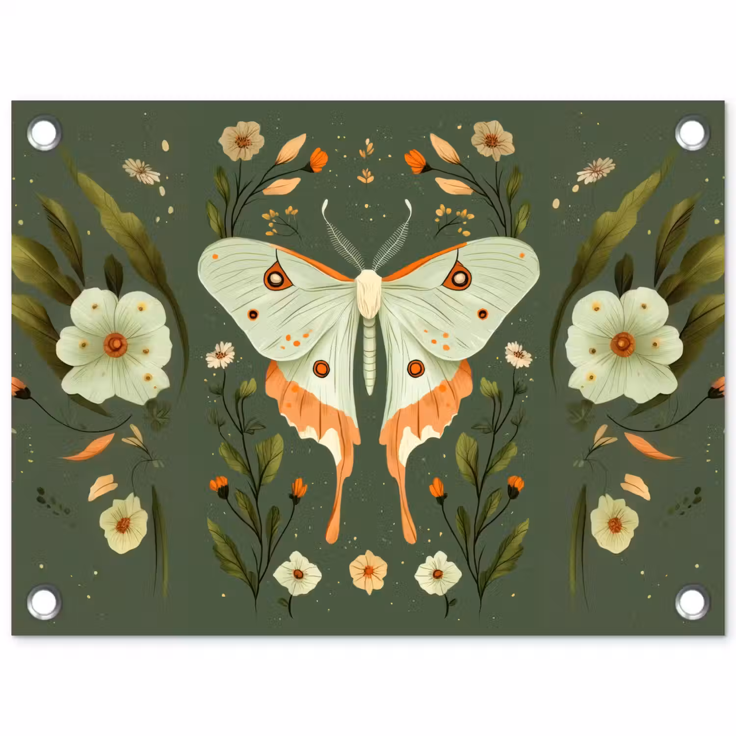 Bloemen - Bladeren - Olijfgroen - Vlinder tuinposter los doek klein -3d