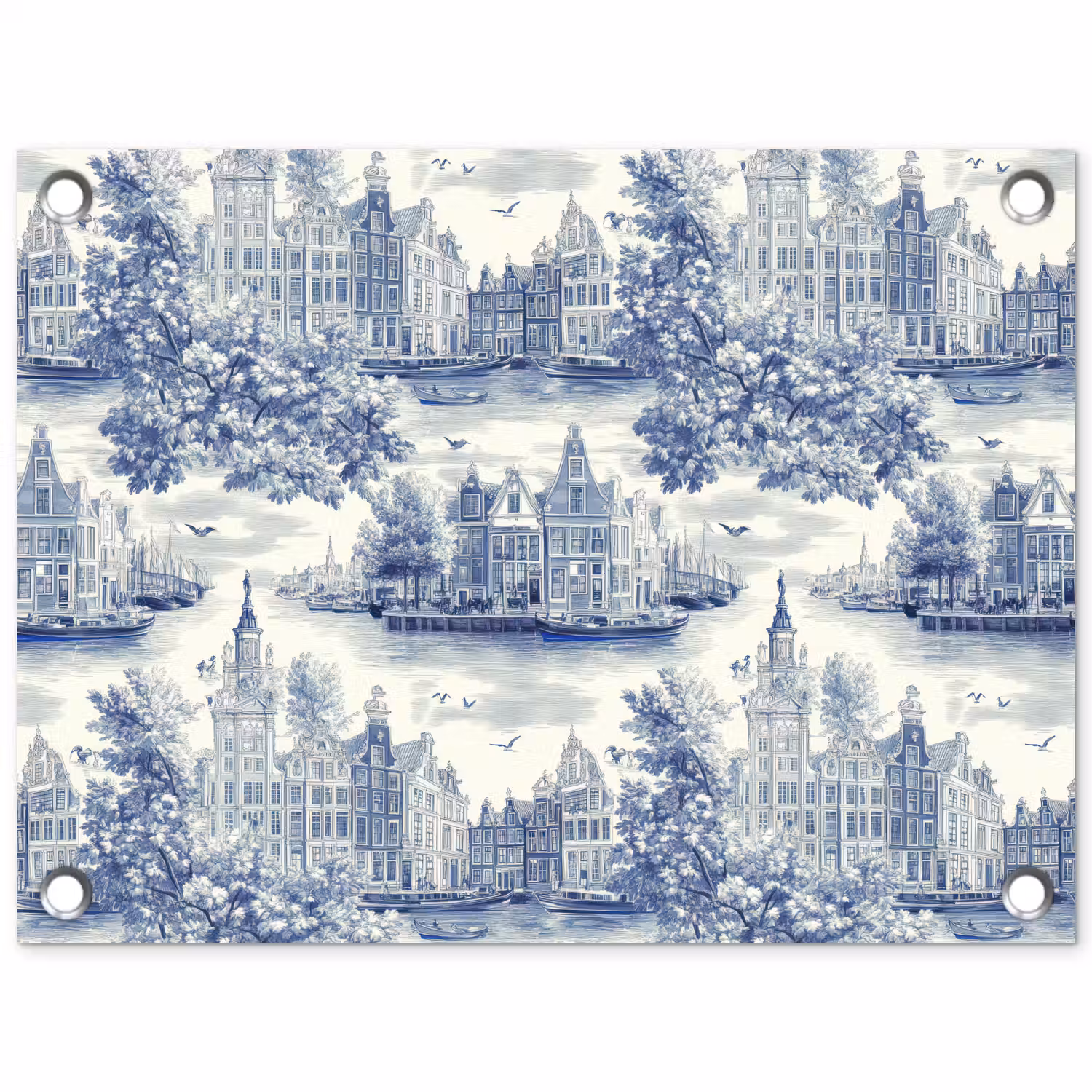 Huizen - Bomen - Water - Vogels - Blauw tuinposter los doek klein 239 -3d