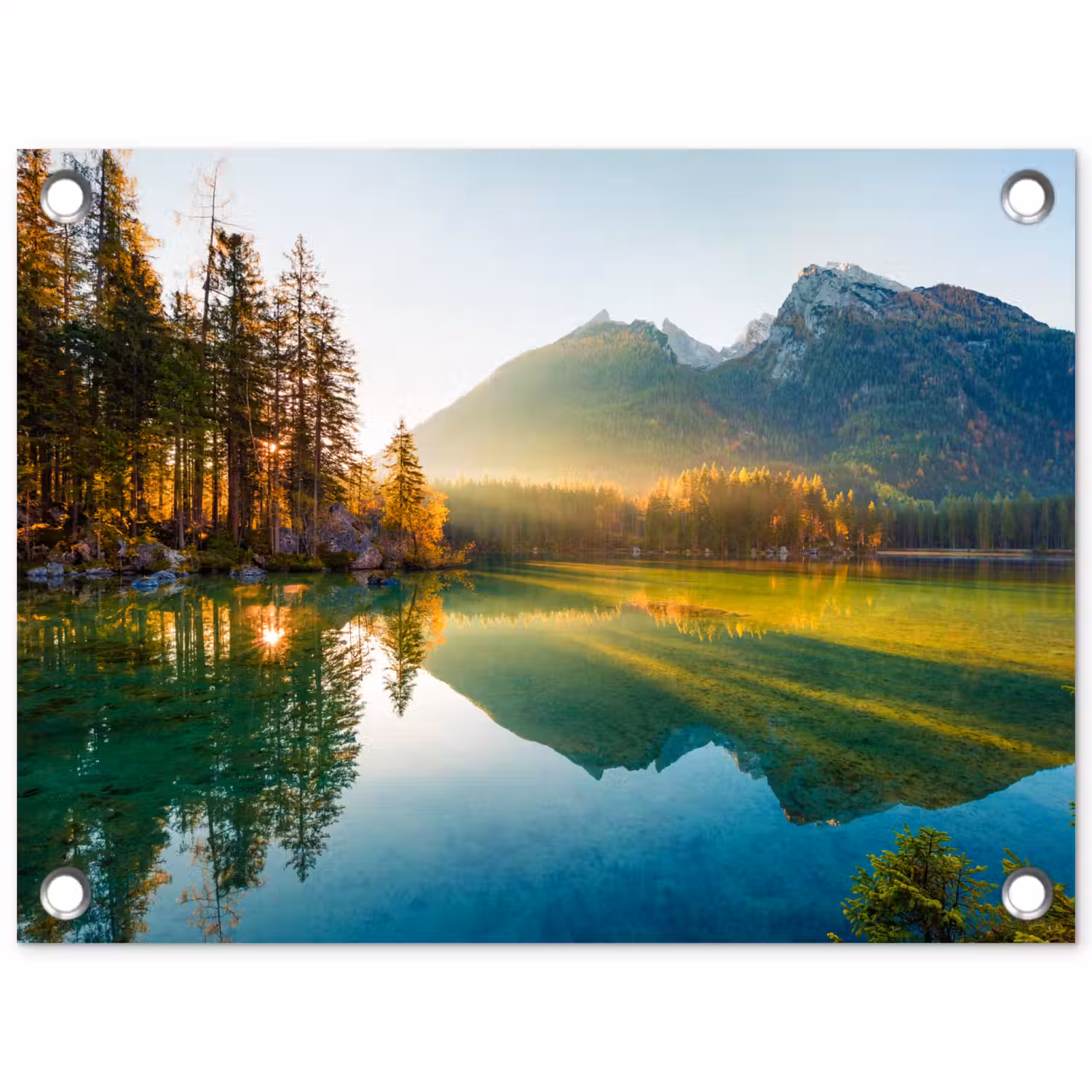 Meer - Bos - Bergen - Natuur - Zon - Landschap tuinposter los doek klein -3d