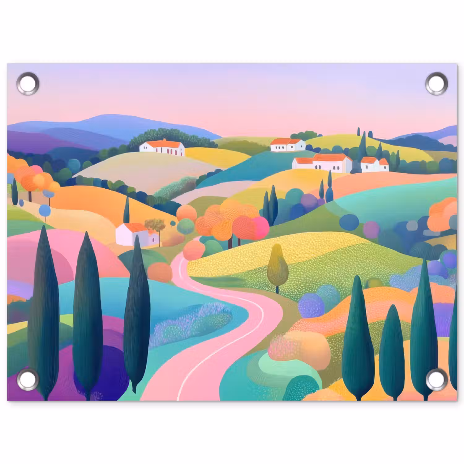 Landschap - Paars - Pastel - Huizen tuinposter los doek klein -3d