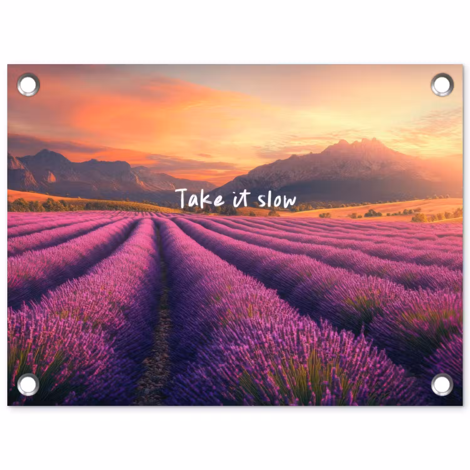 Lavendelveld - Quote - Zonsondergang tuinposter los doek klein -3d