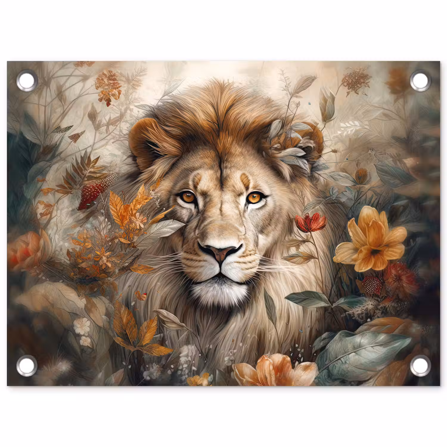 Leeuw - Wilde dieren - Planten - Natuur - Bloemen tuinposter los doek klein -3d
