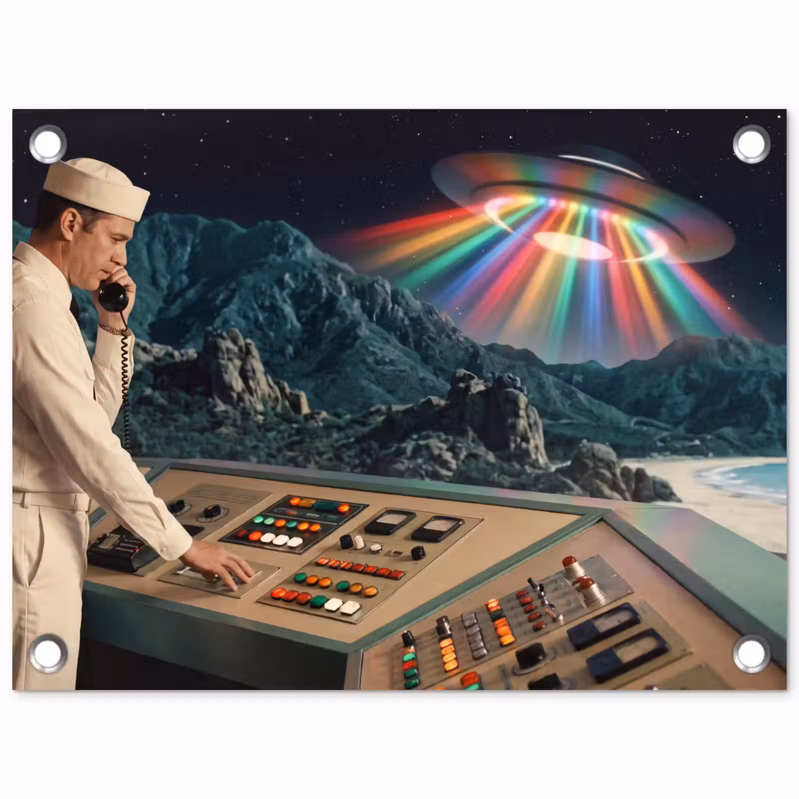 Garden Poster - Man - Control Room - Beach - Man - Controlekamer - Strand tuinposter los doek klein