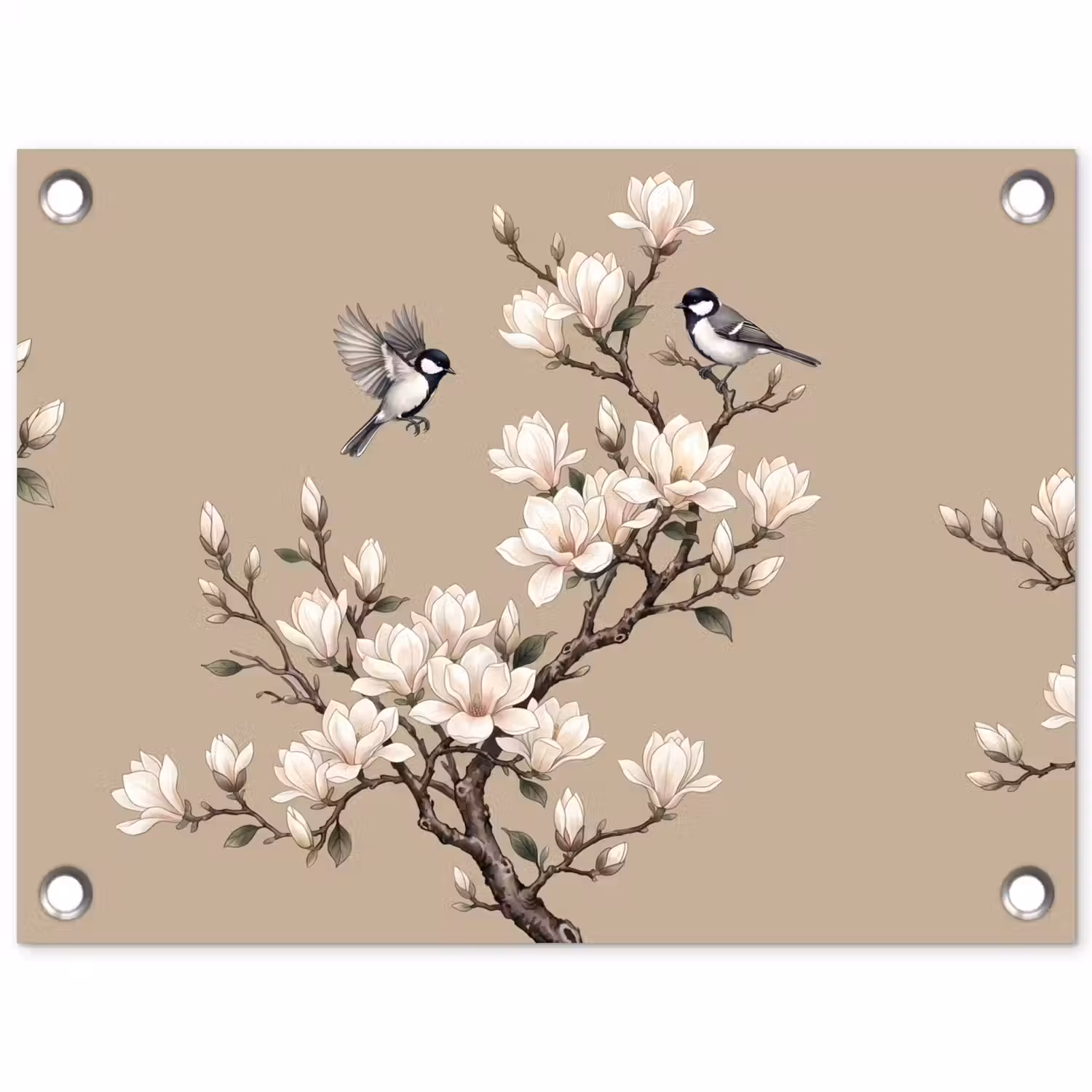 Oosters - Vogels - Beige tuinposter los doek klein -3d