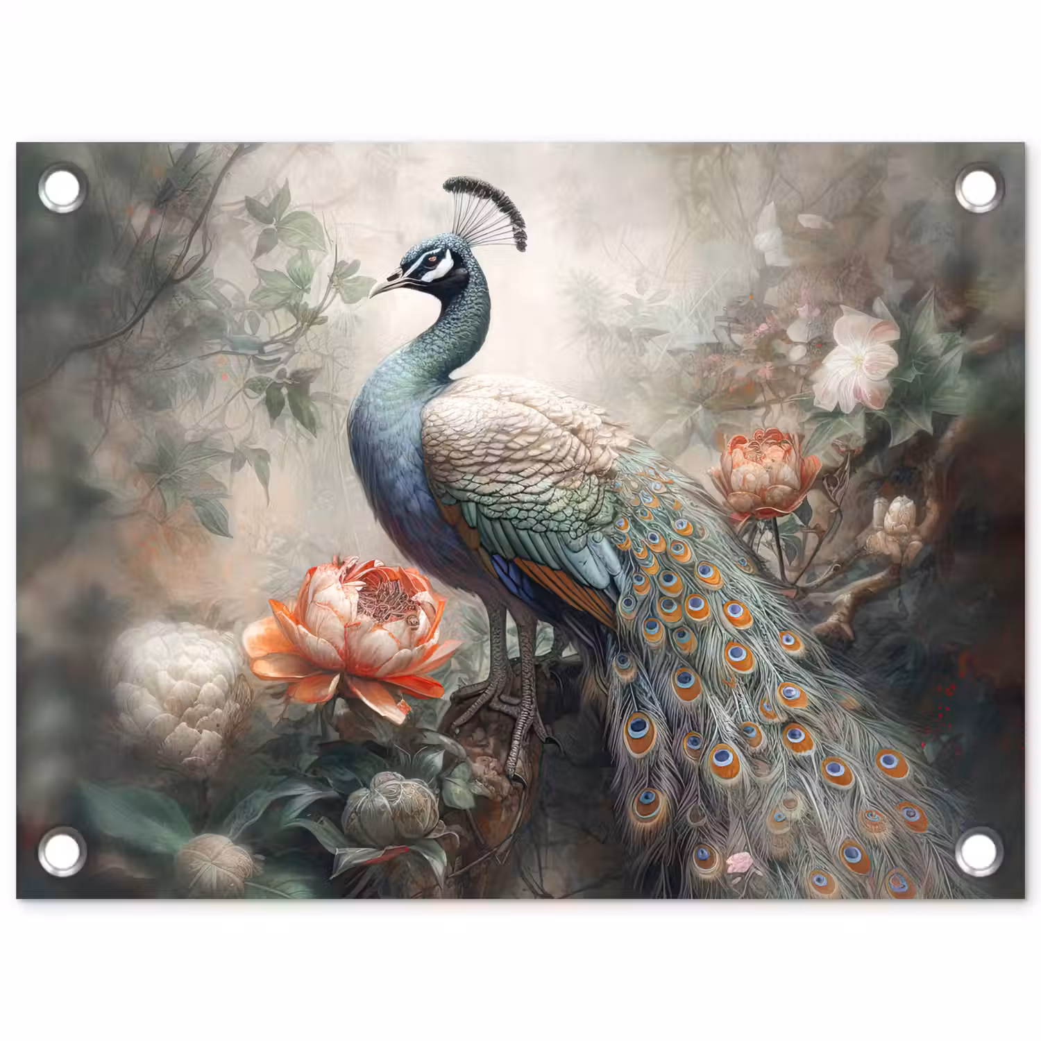 Pauw - Pauwenveren - Vogel - Jungle - Bloemen tuinposter los doek klein -3d