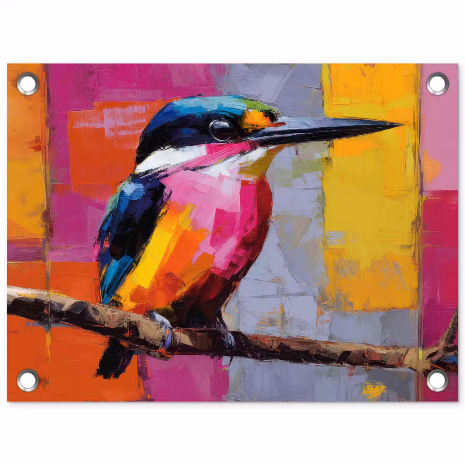 Roze - Ijsvogel - Tak - Kleurvlakken tuinposter los doek klein -3d
