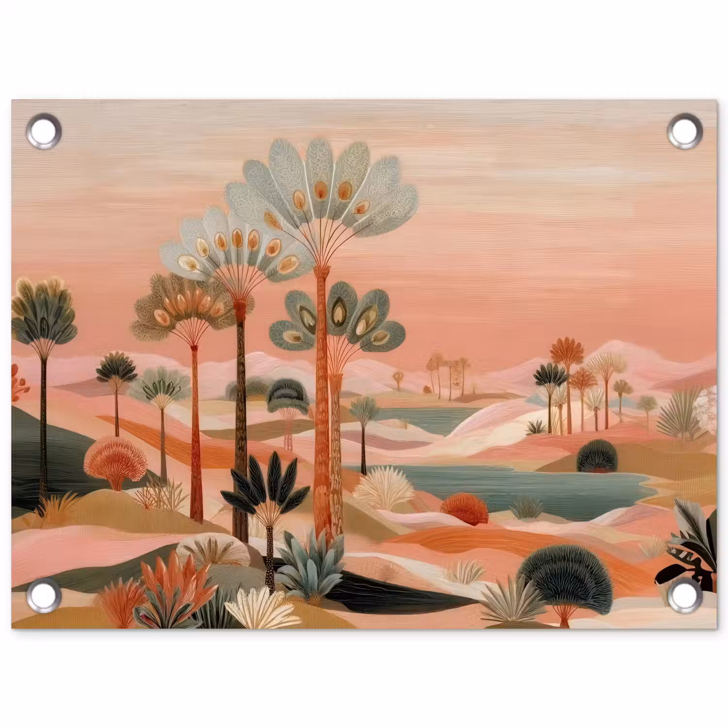 Roze landschap - Palmen - Water tuinposter los doek klein -3d