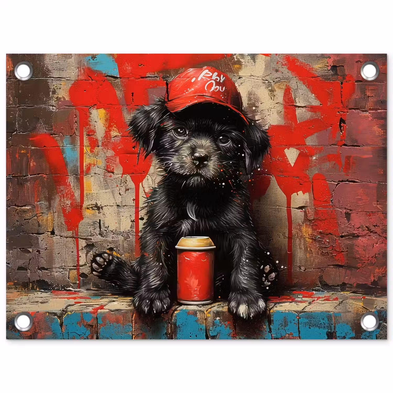 Puppy met Rode Pet en Spuitbus tuinposter los doek klein -3d