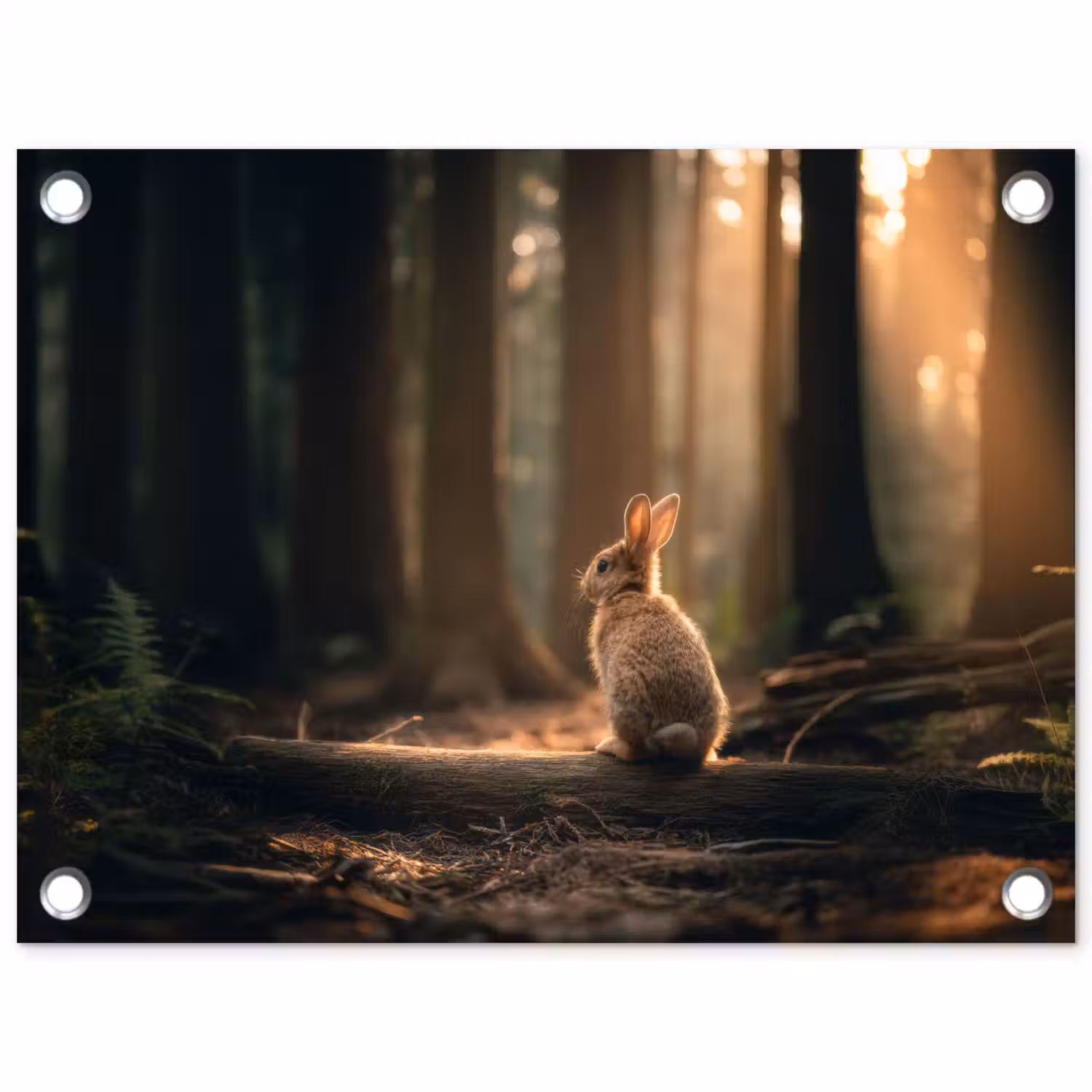 Konijn - Bos - Zonnestralen tuinposter los doek klein -3d