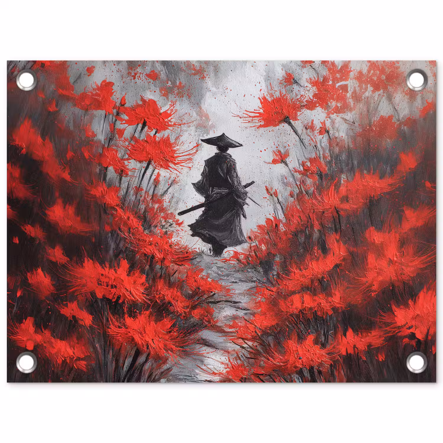 Rode bloemen - mistig - Man tuinposter los doek klein -3d