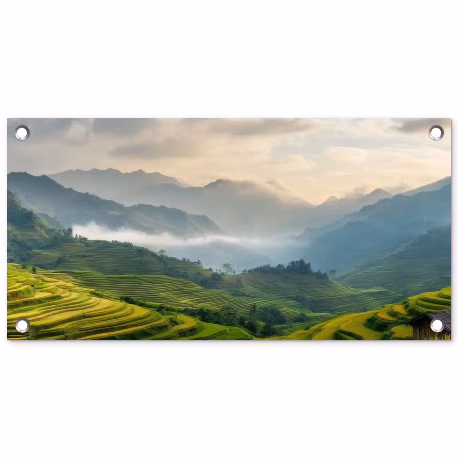 Rijstvelden - Bergen - Groen - Natuur tuinposter los doek klein -3d