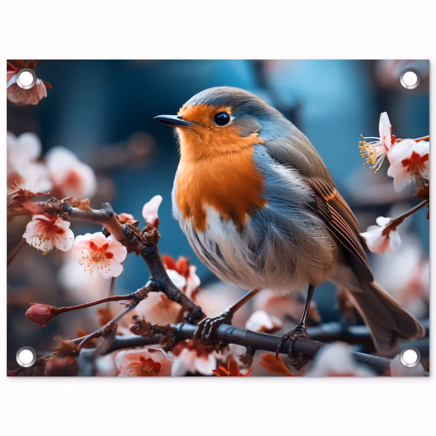 Roodborstje tussen de Bloesems tuinposter los doek klein -3d