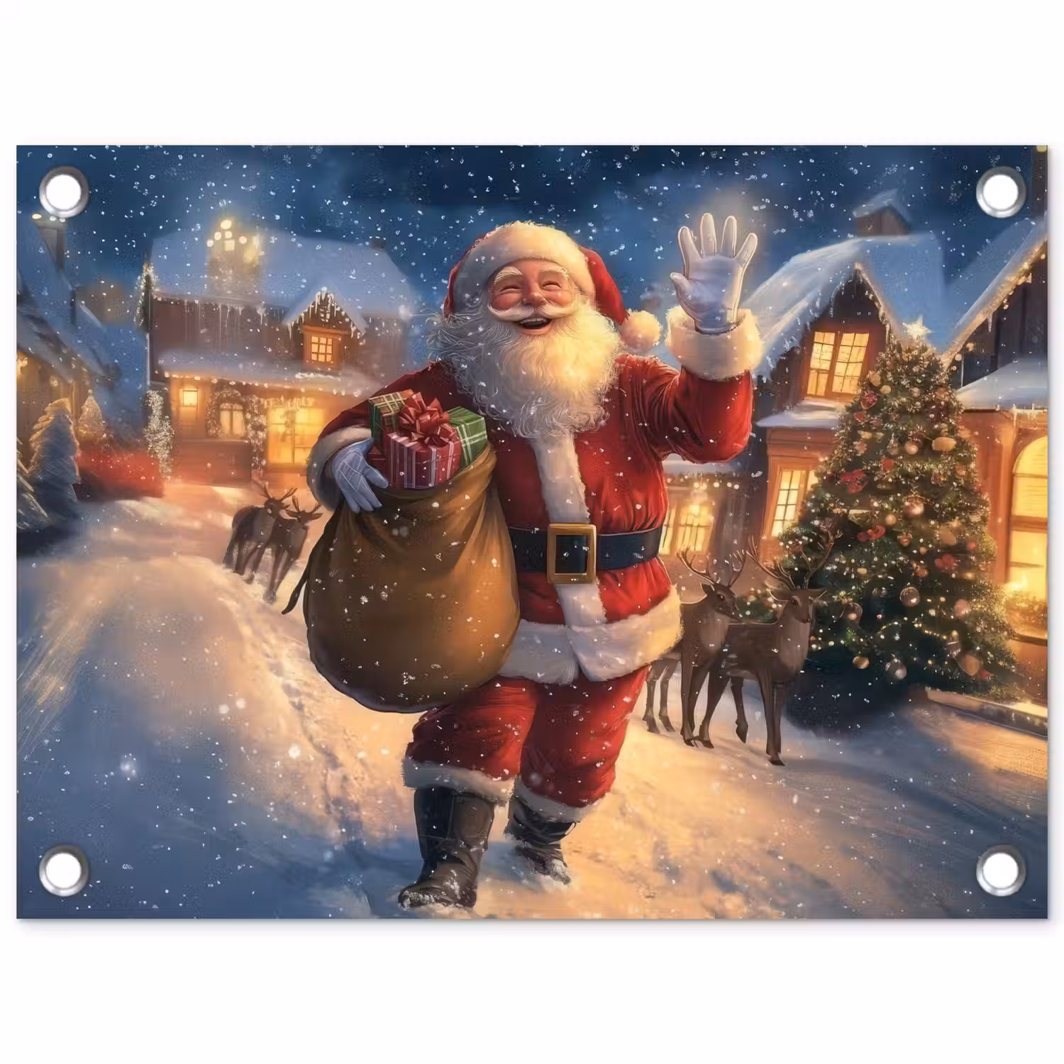 Kerstman - Dorp - Hert - Donker tuinposter los doek klein -3d