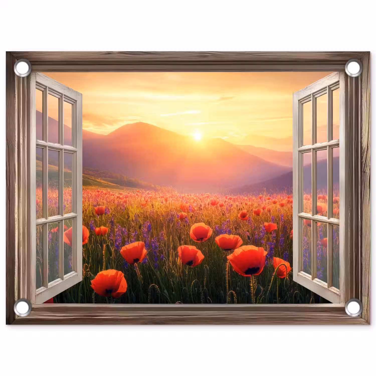 Doorkijk - Klaprozen - Bloemen - Rood - Open raam tuinposter los doek klein -3d