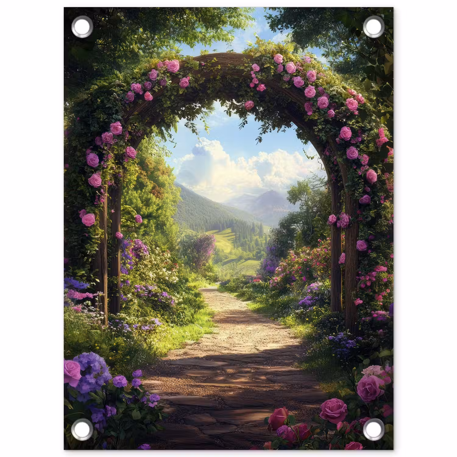Doorkijk - Rozenboog - Uitzicht - Landschap - Bloemen tuinposter los doek klein -3d