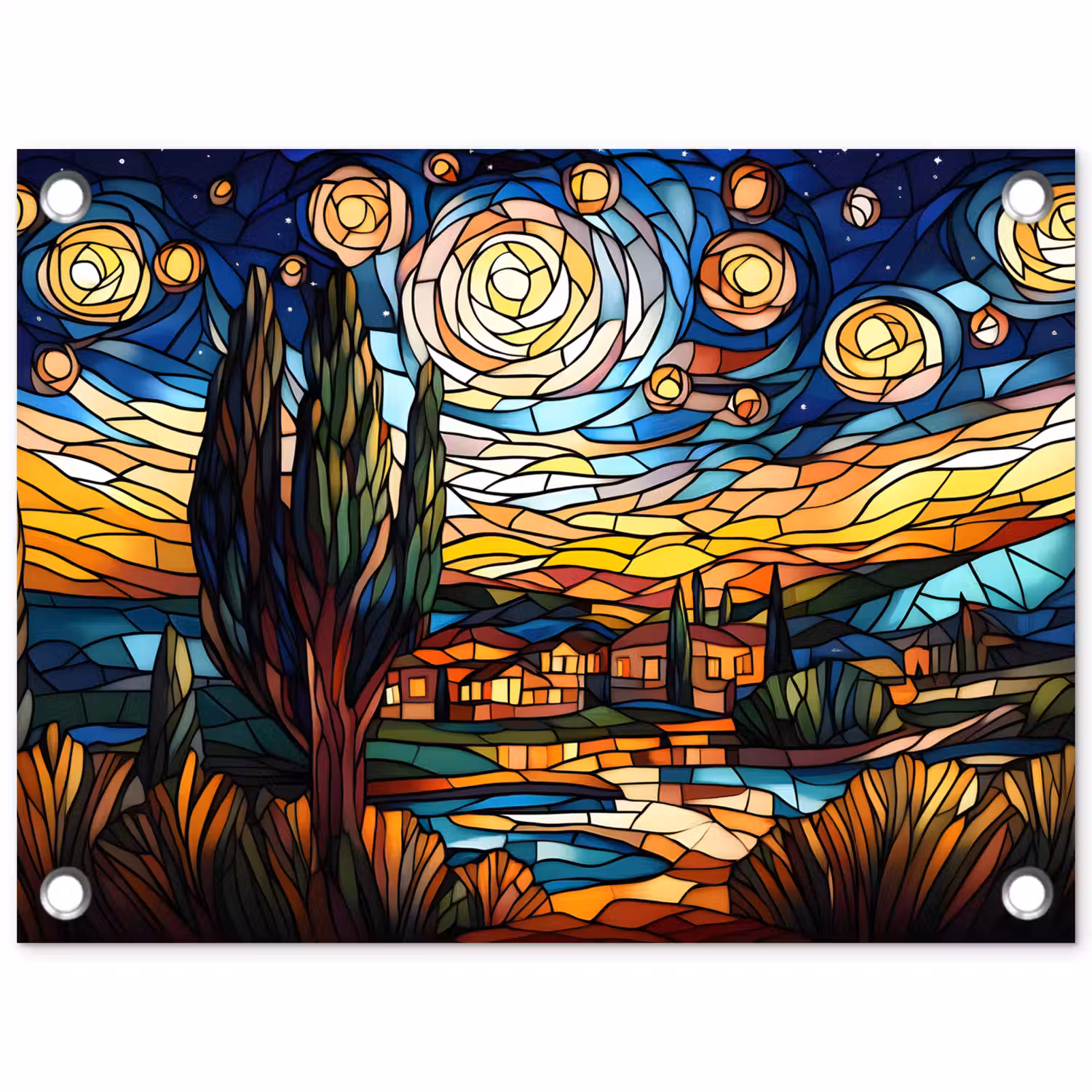 Hemel - Sterren - Mozaïek - Huizen tuinposter los doek klein -3d