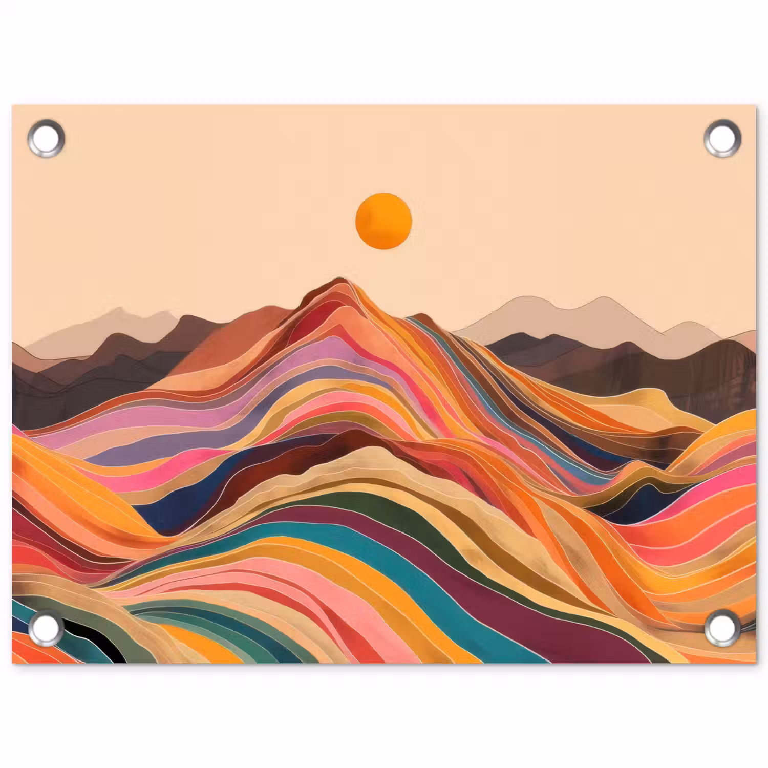 Zon - Kleurrijk landschap - Bergen tuinposter los doek klein -3d